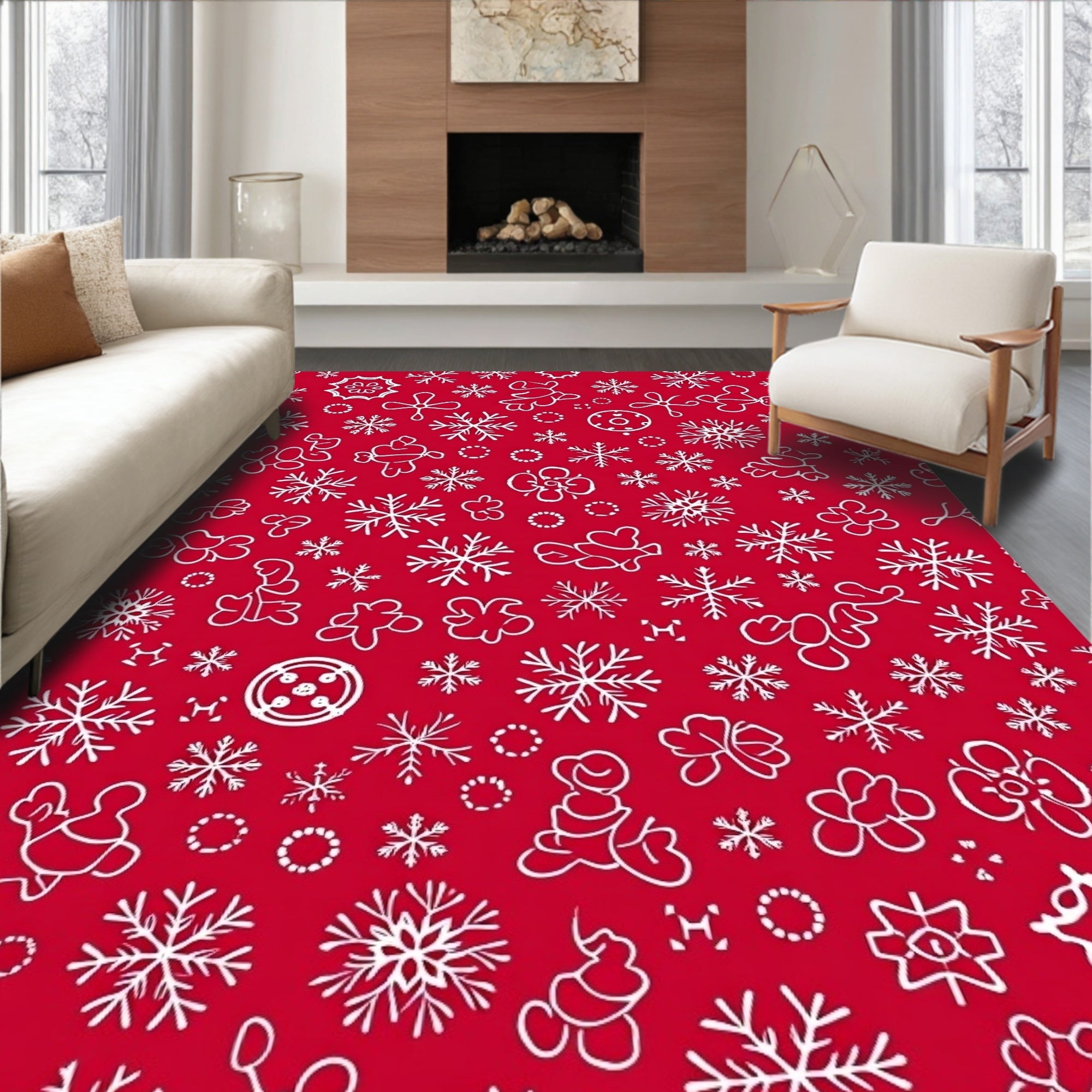 Whimsical Winter Red Snowflakes Rug