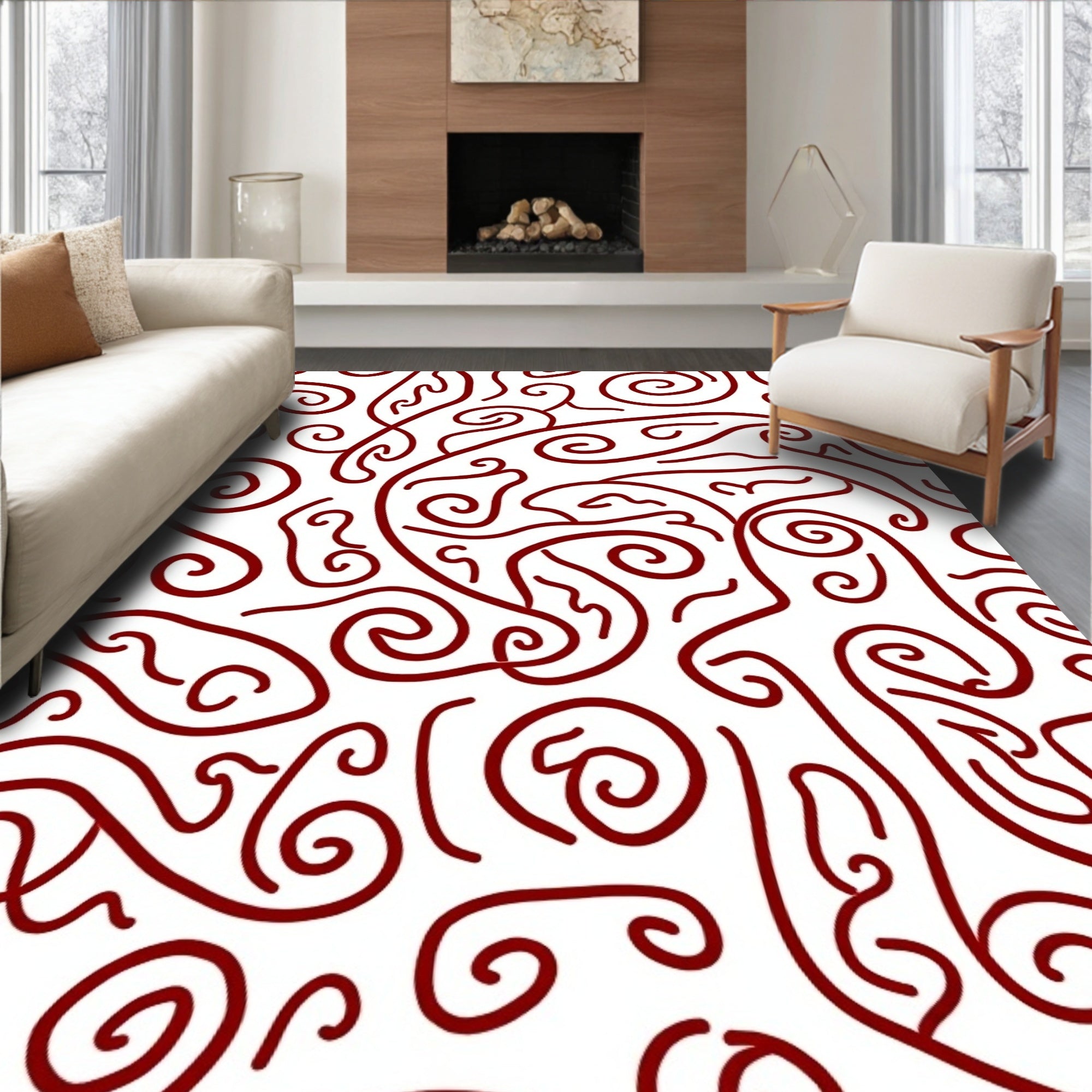 Crimson Swirl Abstract Organic Lines Rug