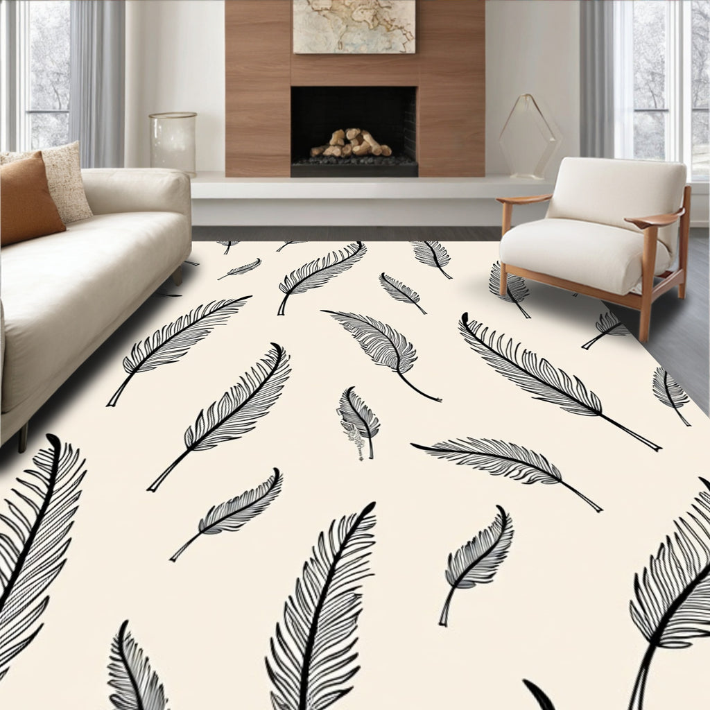 Whimsical Black Feather Cream Background Rug
