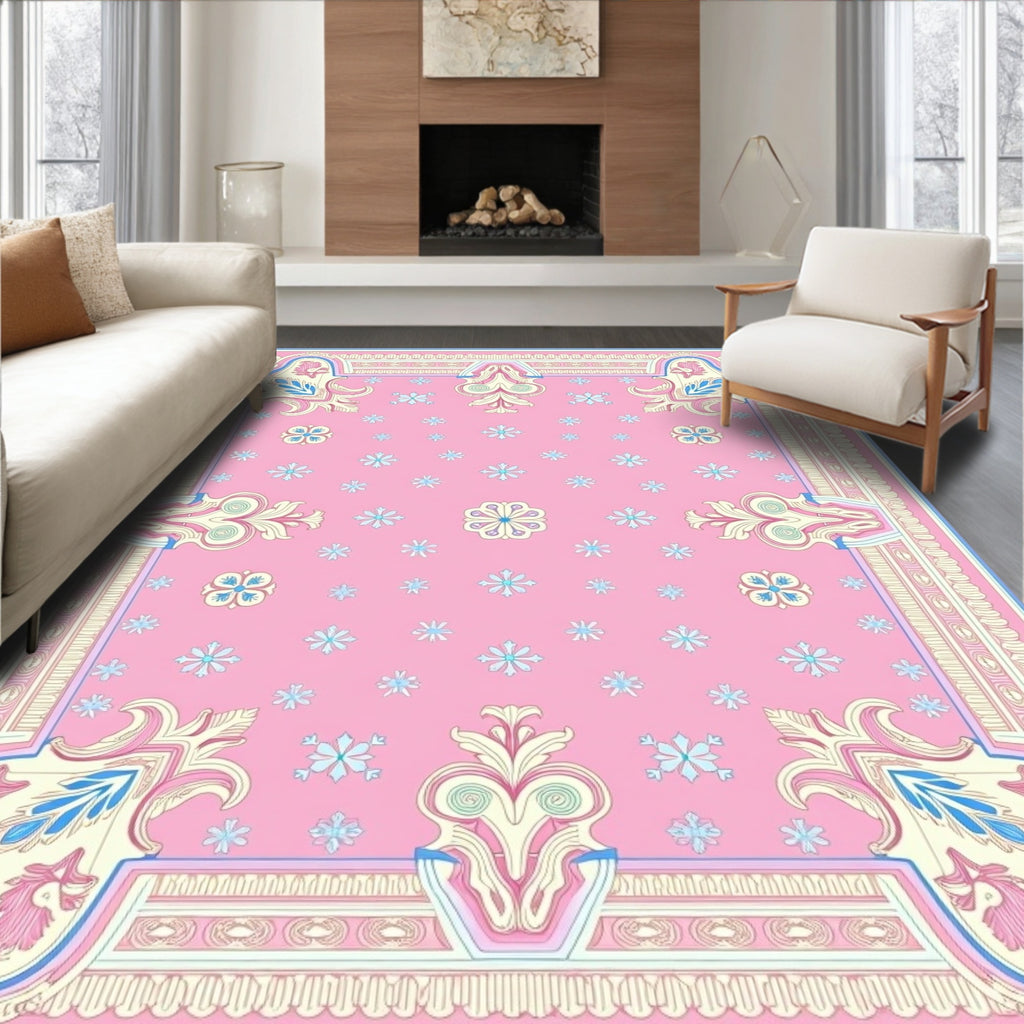Pastel Pink Floral Scroll Medallion Rug