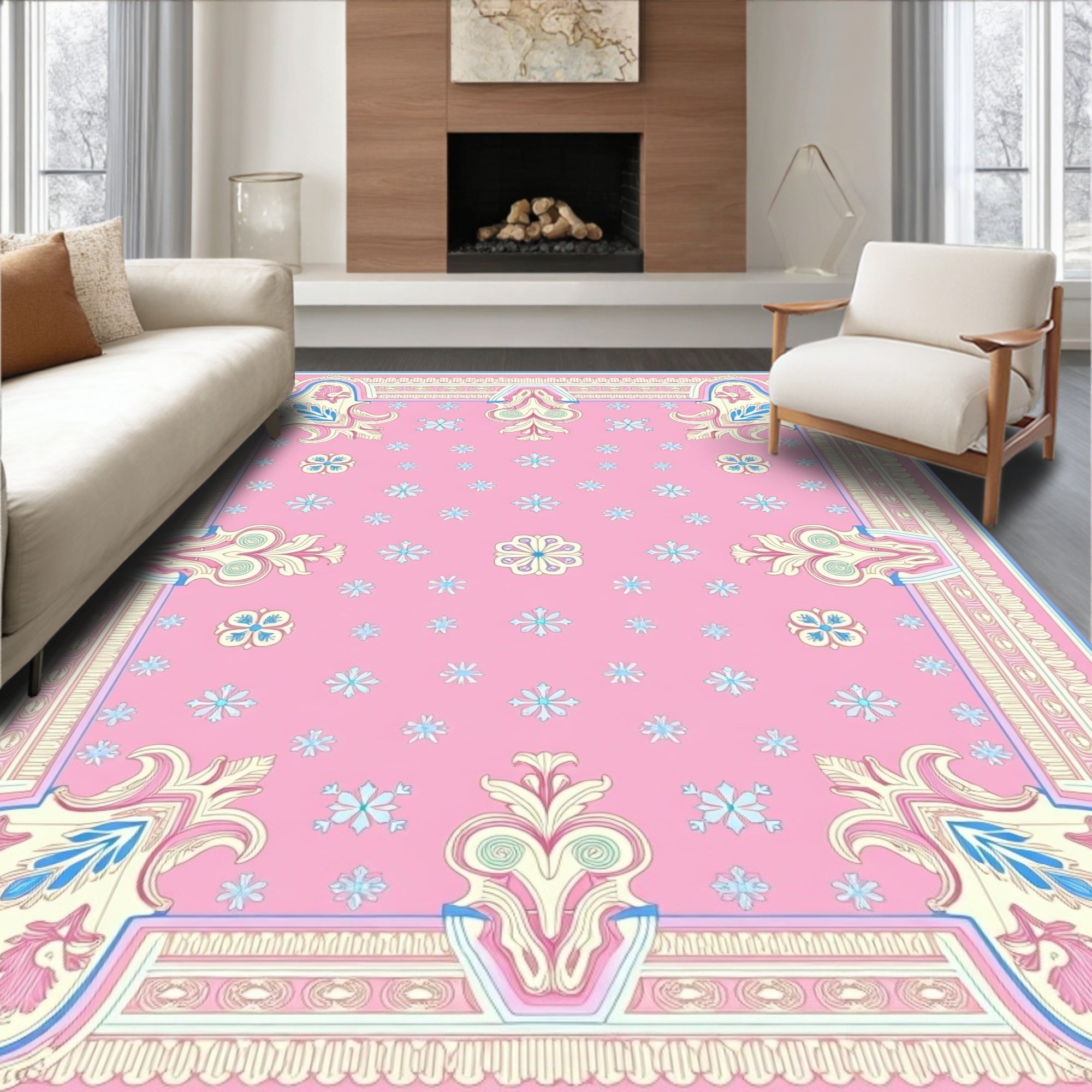 Pastel Pink Floral Scroll Medallion Rug