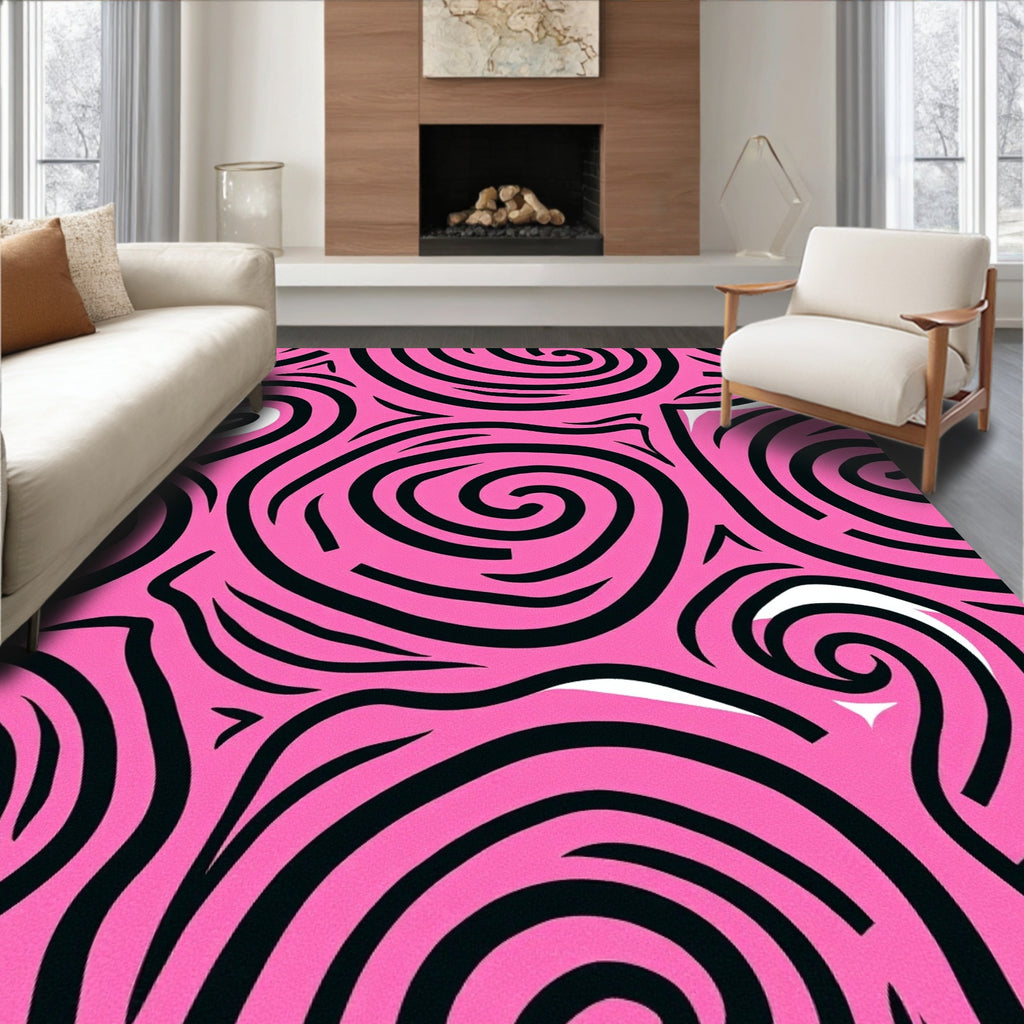 Bold Pink Black Swirl Abstract Rug
