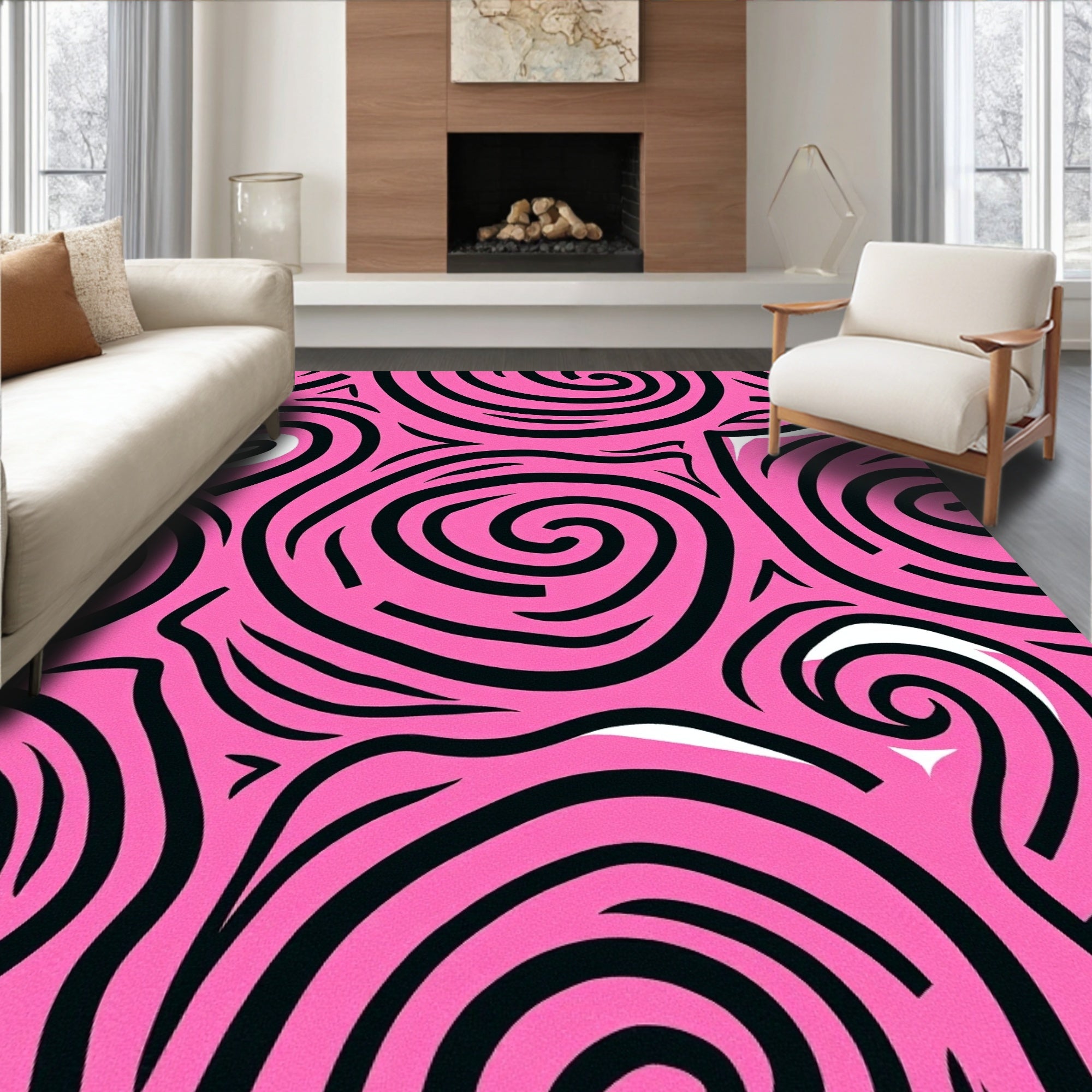 Bold Pink Black Swirl Abstract Rug