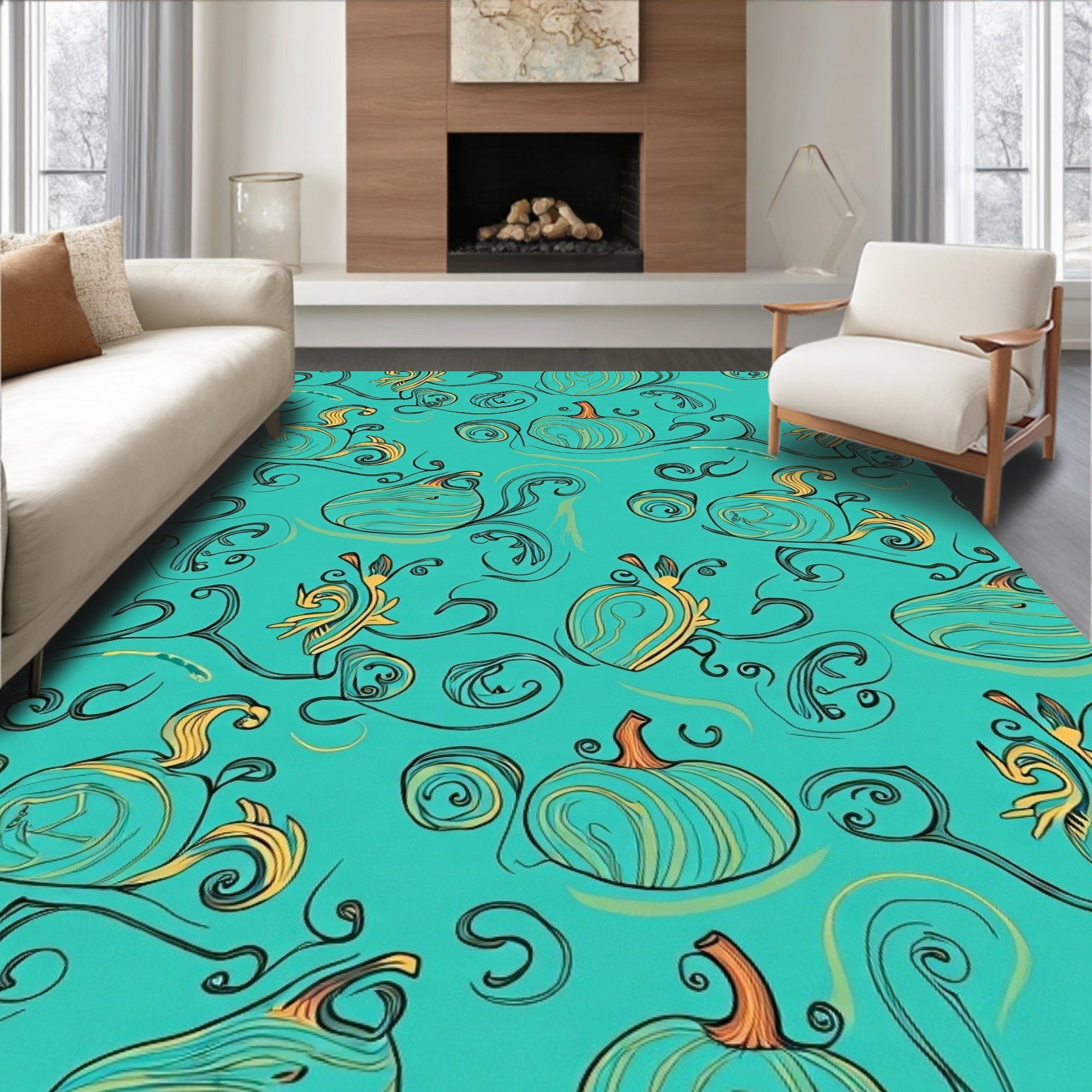Teal And Gold Pumpkin Vine Flourish Rug