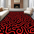 Red Swirls Black Abstract Rug