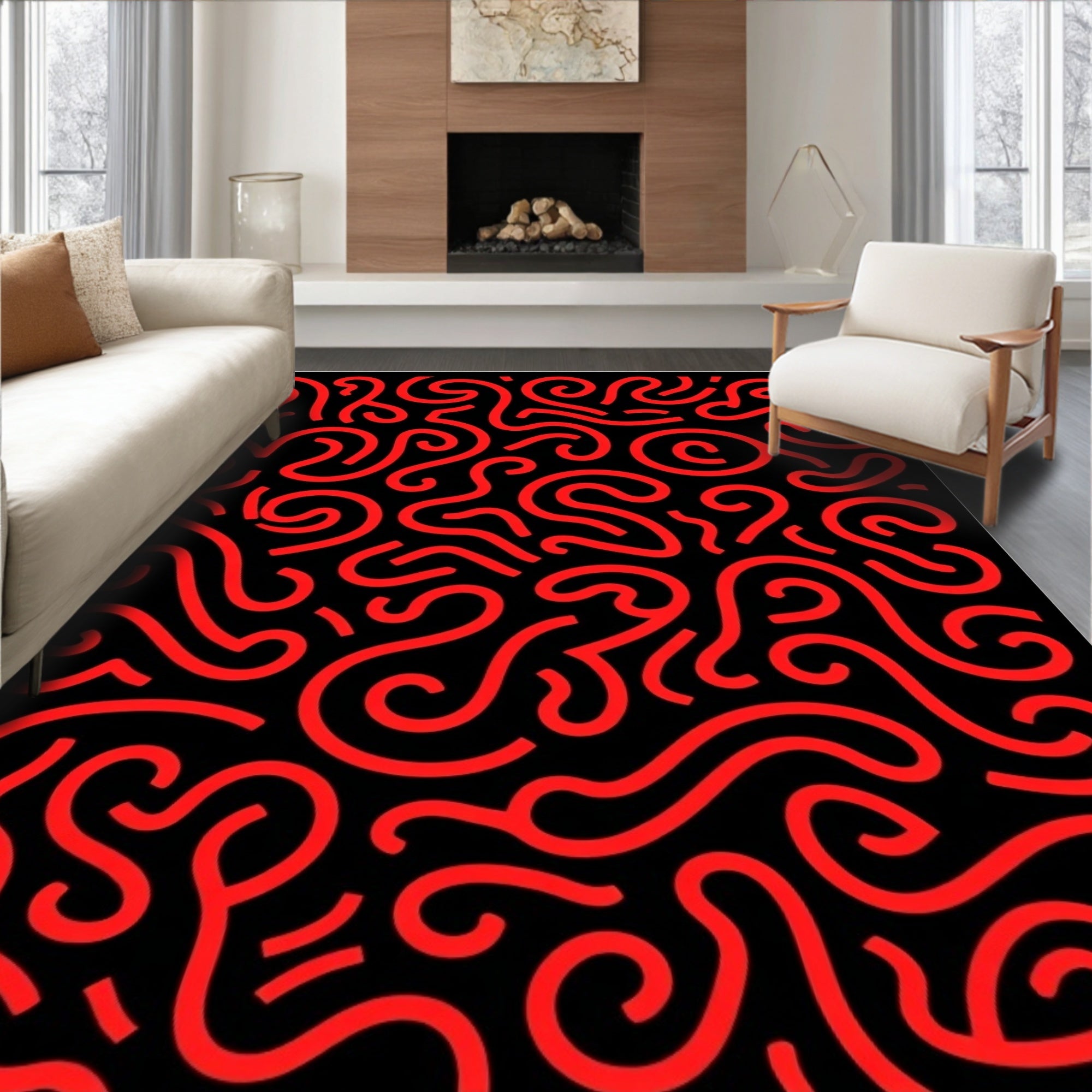 Red Swirls Black Abstract Rug