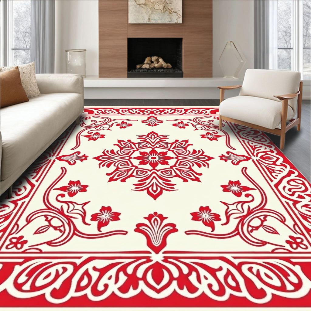 Ornate Crimson Blossom Square Rug