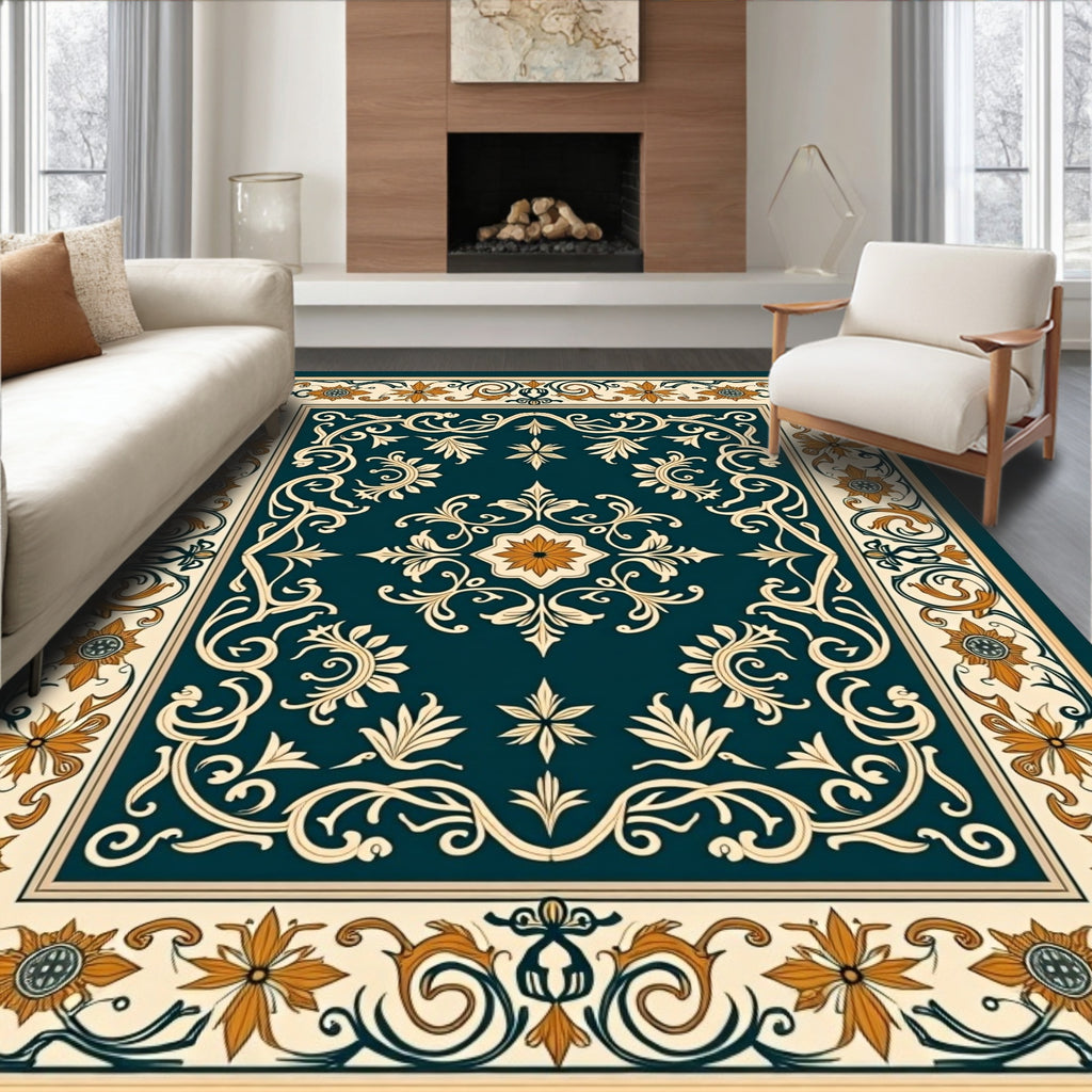 Deep Teal Floral Medallion Border Rug