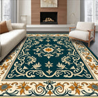 Deep Teal Floral Medallion Border Rug