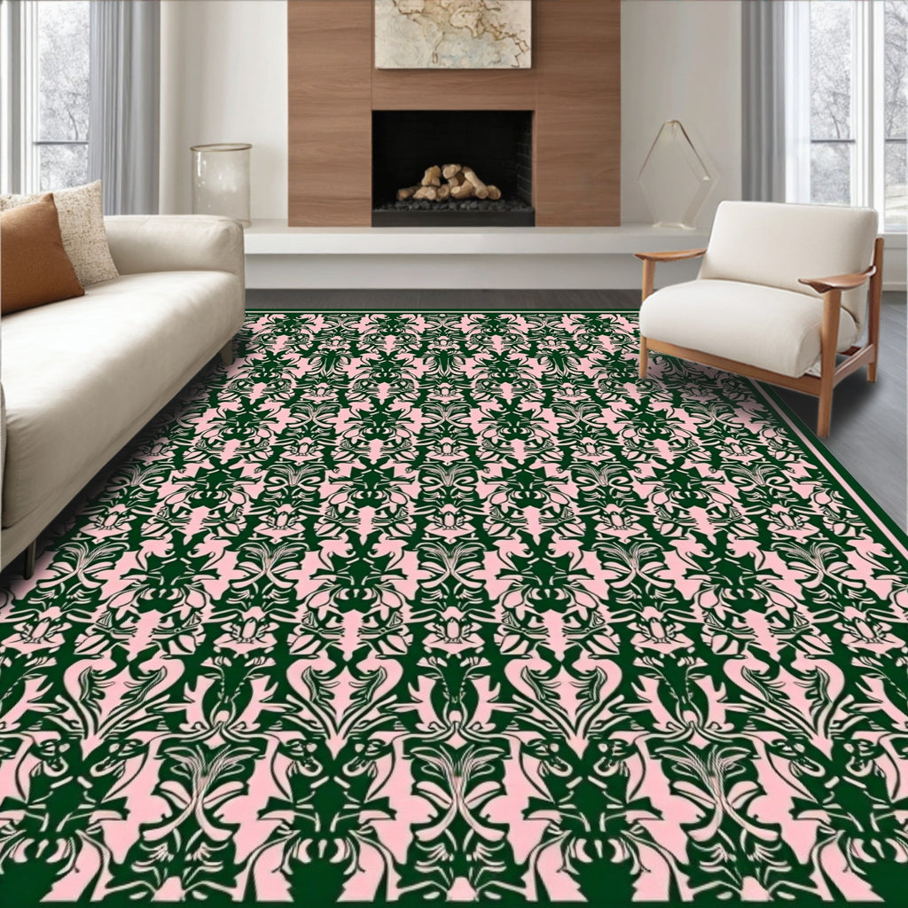 Dark Pink Damask Scroll Work Rug