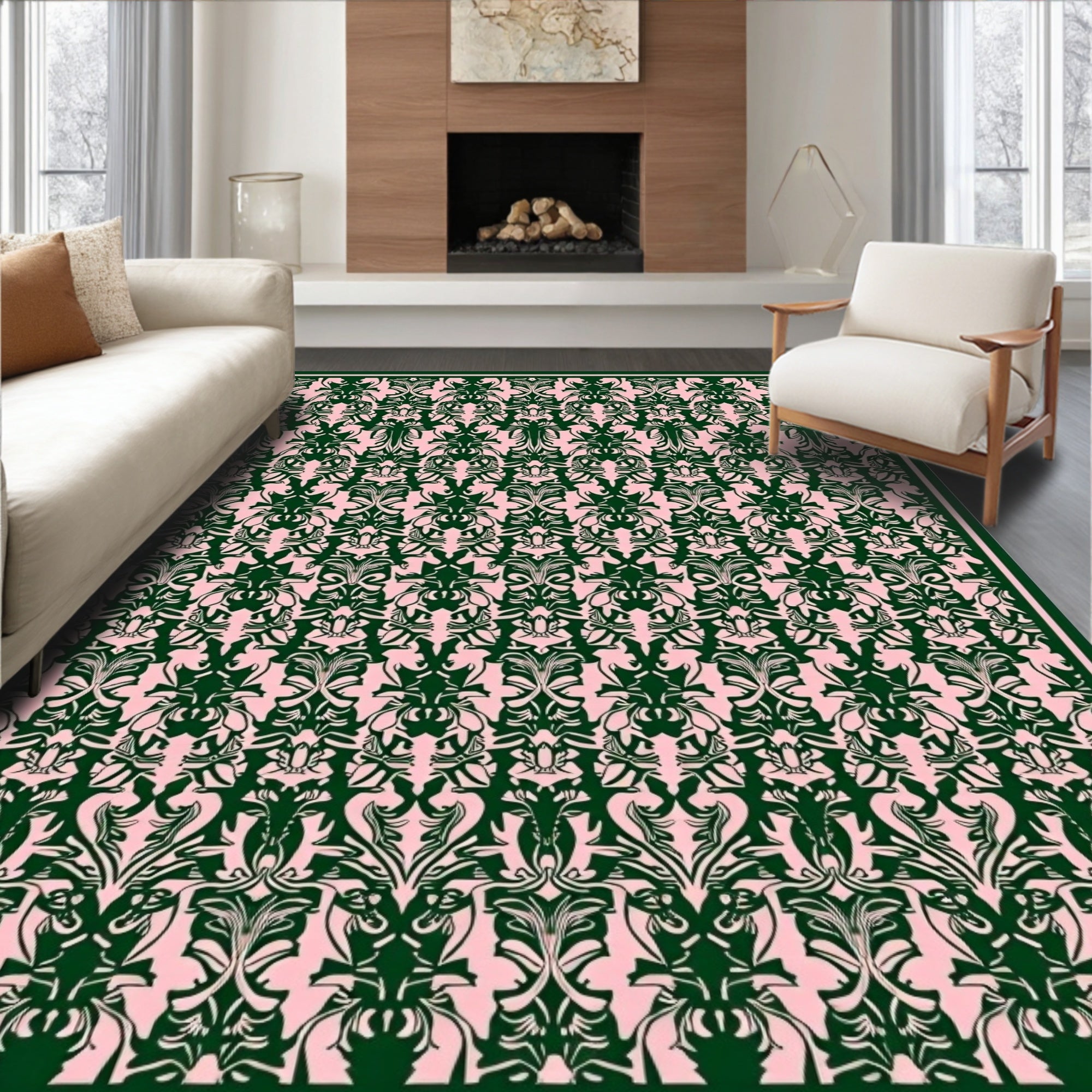 Dark Pink Damask Scroll Work Rug