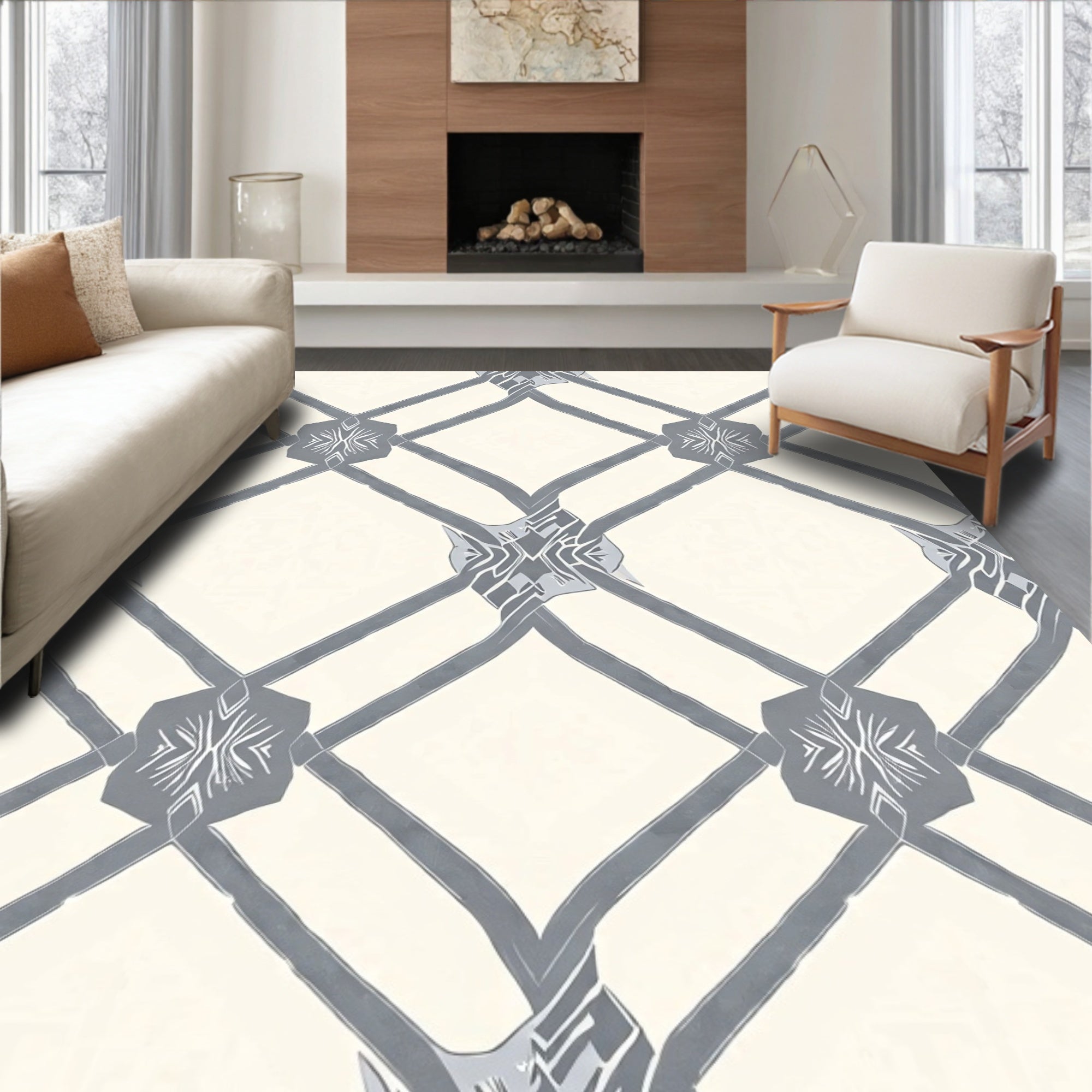 Gray Lattice Diamond Medallion Rug