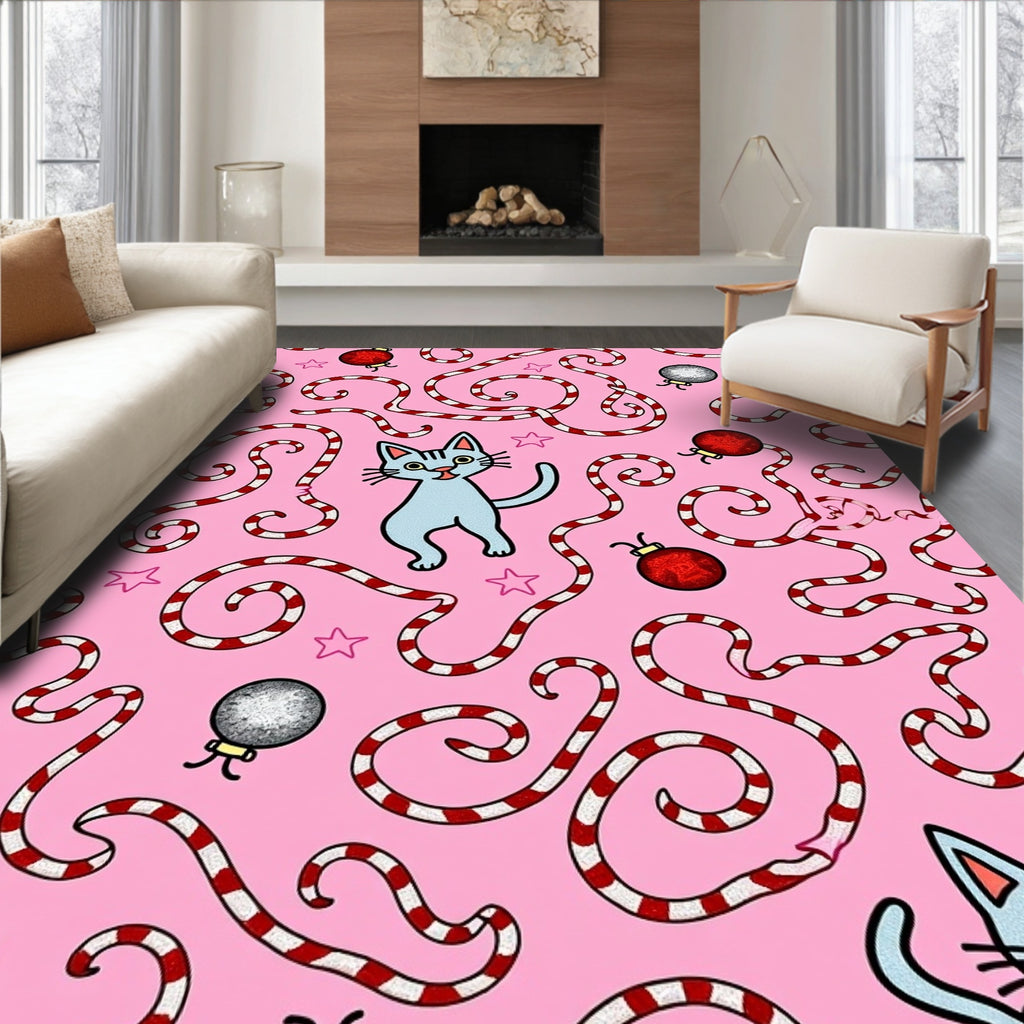 Playful Pink Kitten Candy Cane Ornament Rug