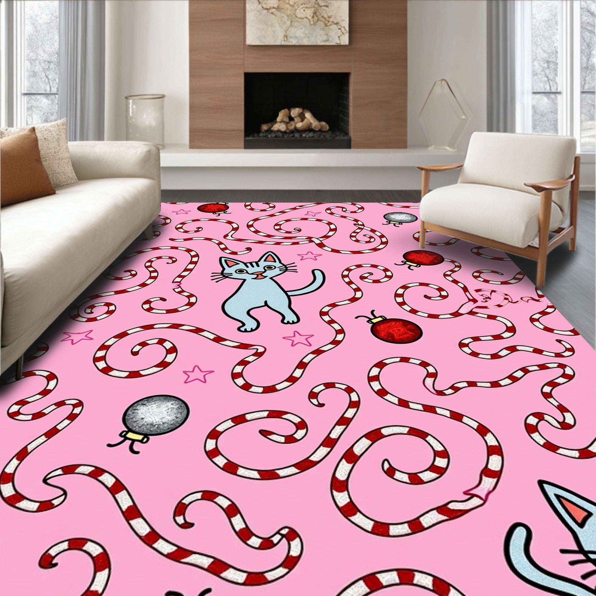Playful Pink Kitten Candy Cane Ornament Rug
