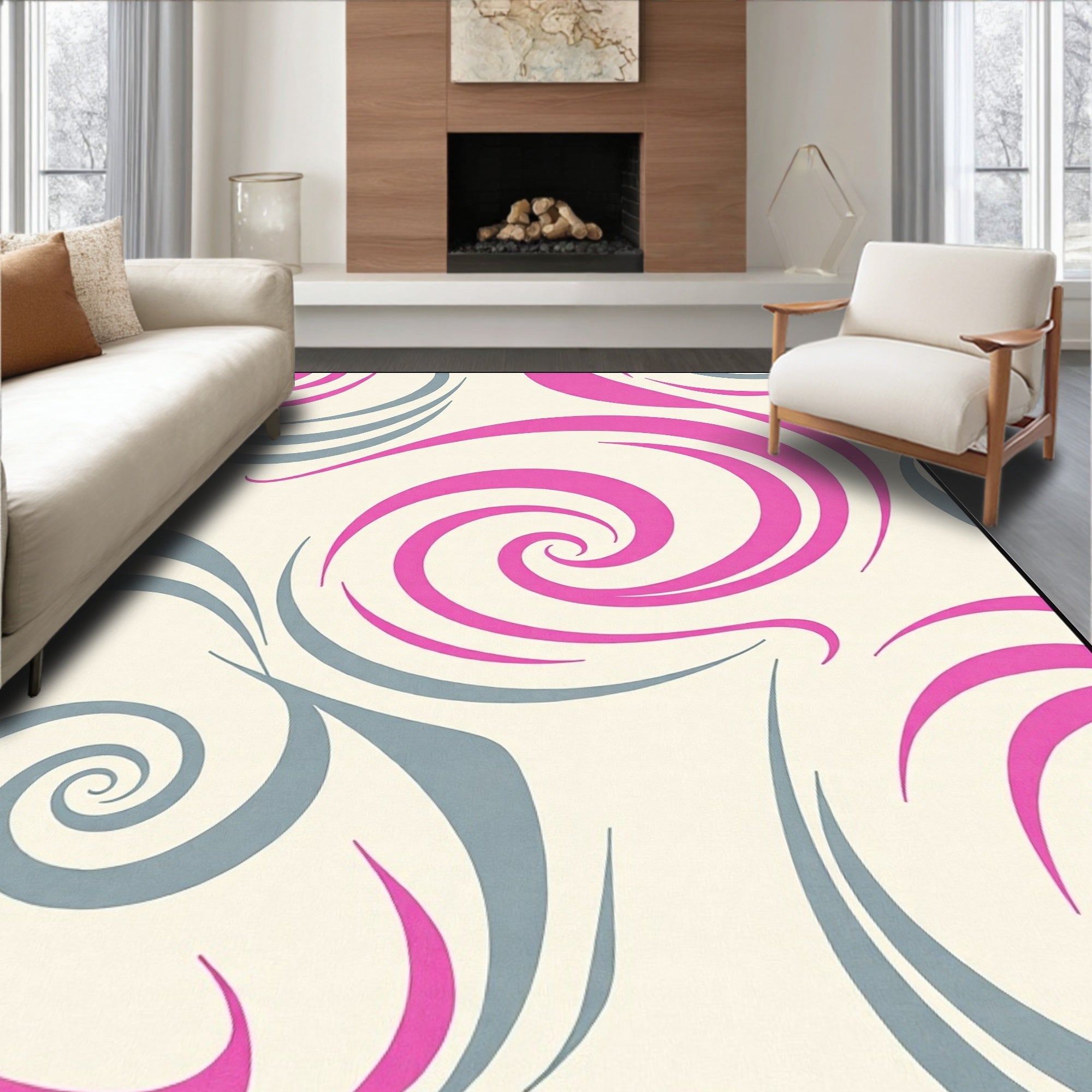 Pink Swirl Gray Flowing Curves Rug