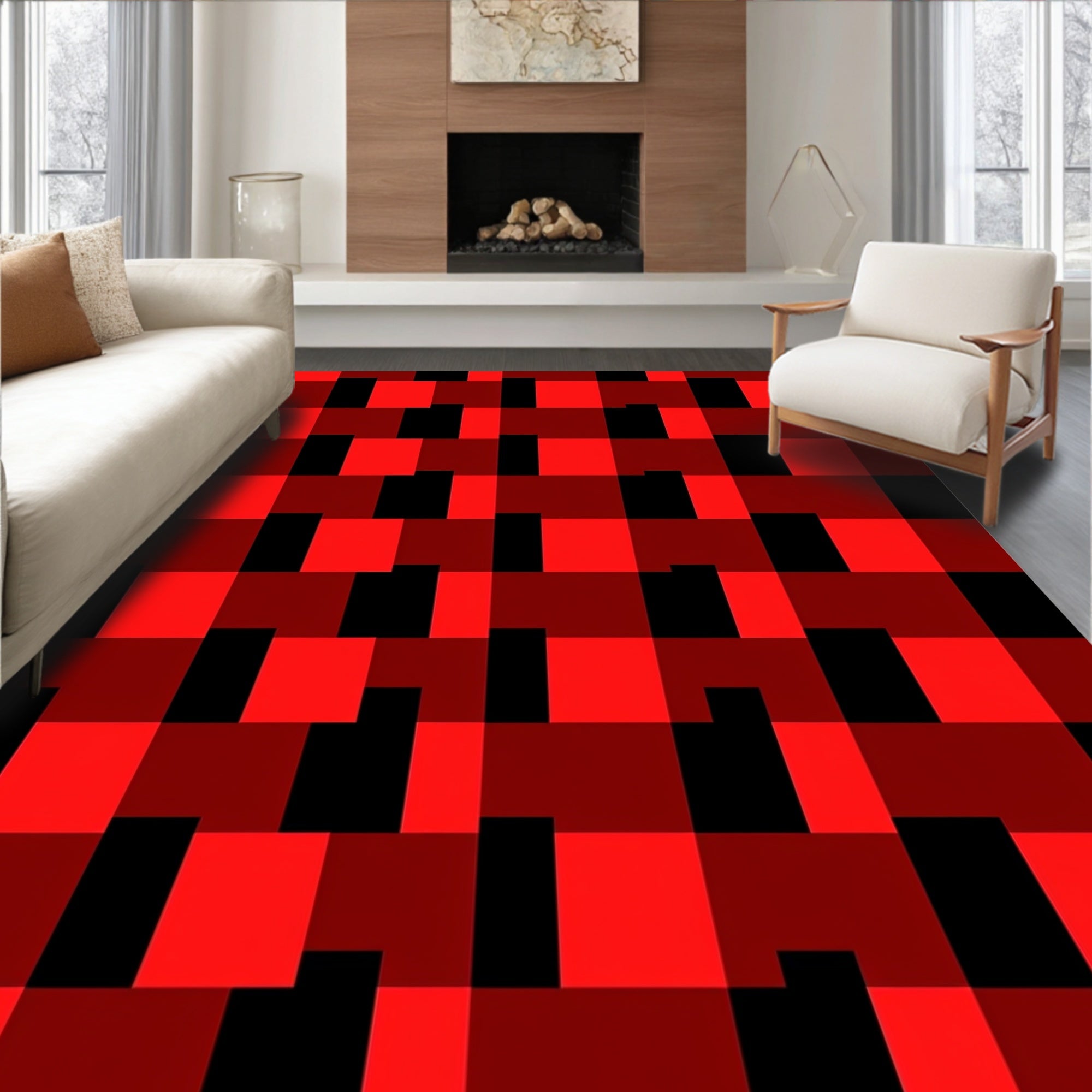 Bold Red Black Checkerboard Weave Rug