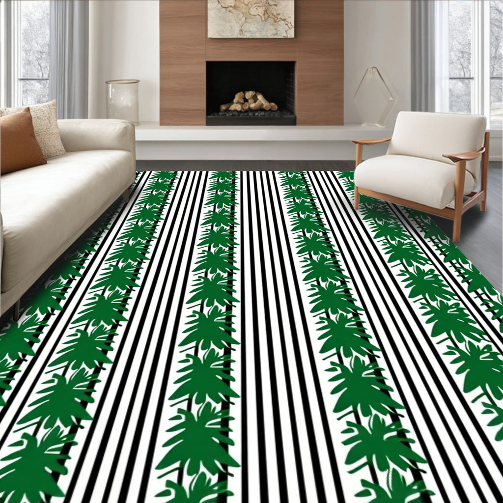 Green Leaf Vines Black White Stripes Rug