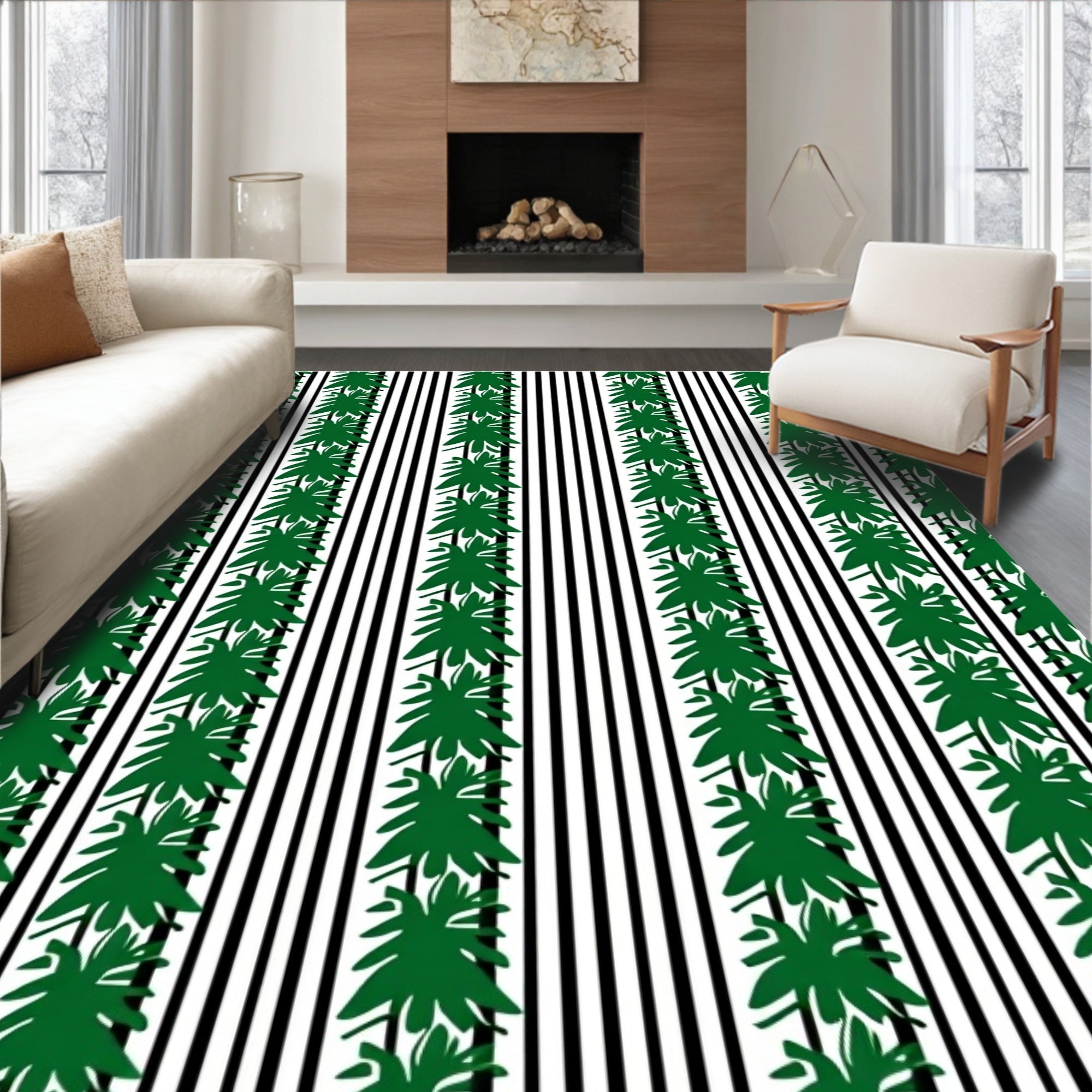 Green Leaf Vines Black White Stripes Rug