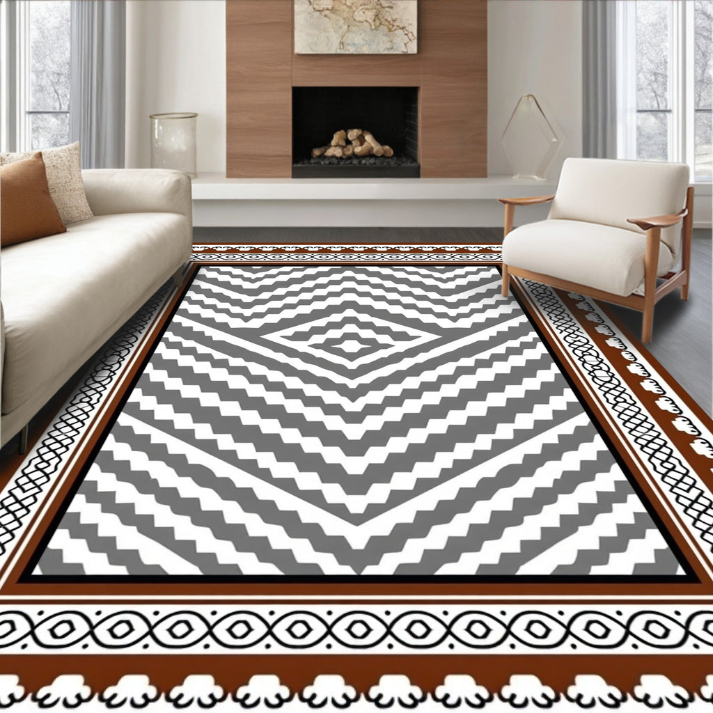 Brown Terra Cotta Chevron Diamond Border Rug