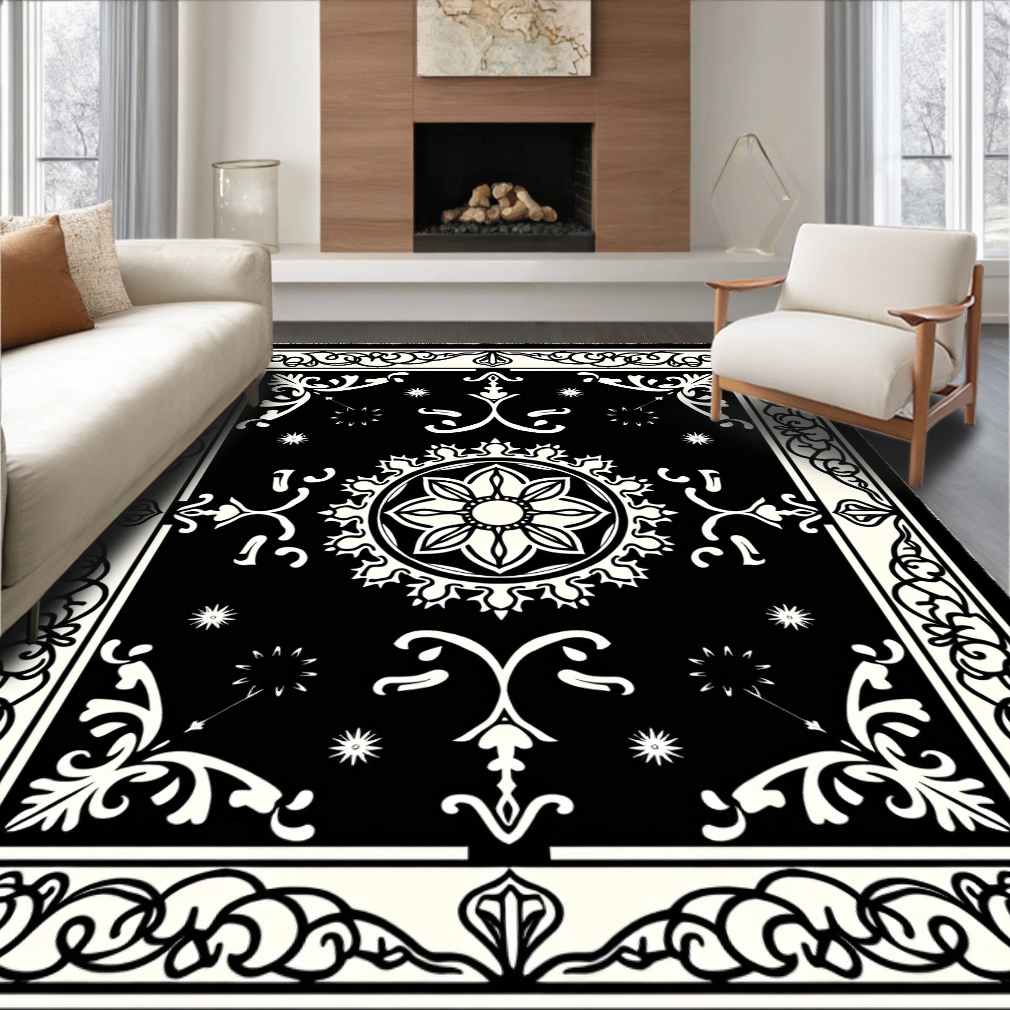 Monochromatic Floral Medallion Border Rug