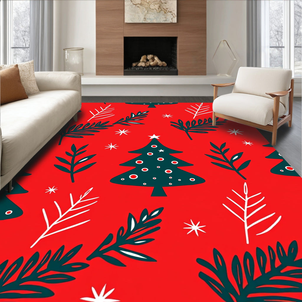 Festive Red Evergreen Tree Scatter Rug
