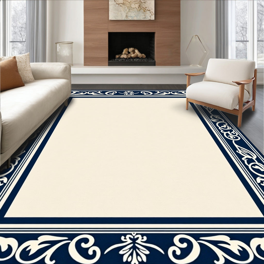 Elegant Cream Navy Floral Border Rug