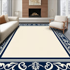 Elegant Cream Navy Floral Border Rug