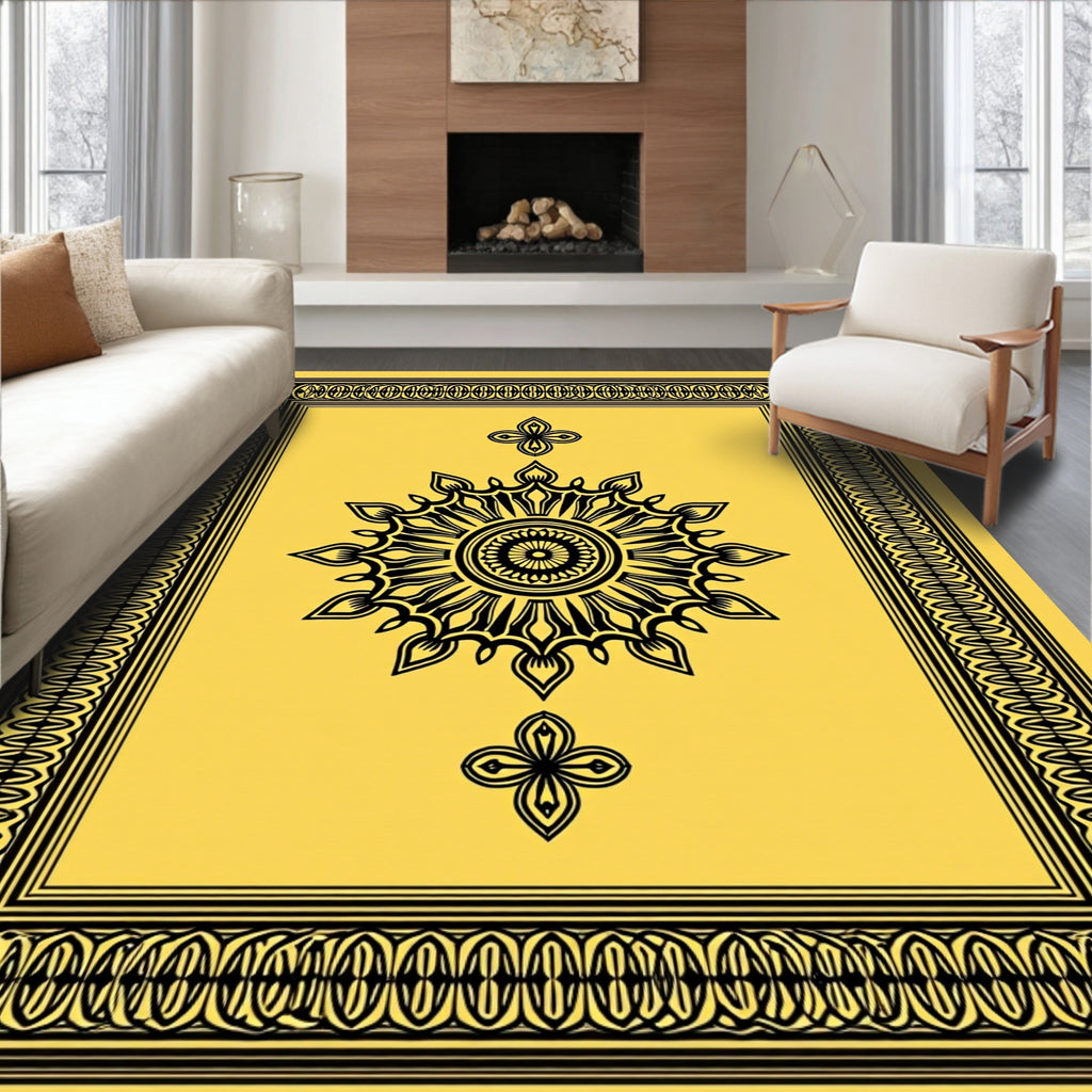 Golden Sunburst Floral Frame Rug