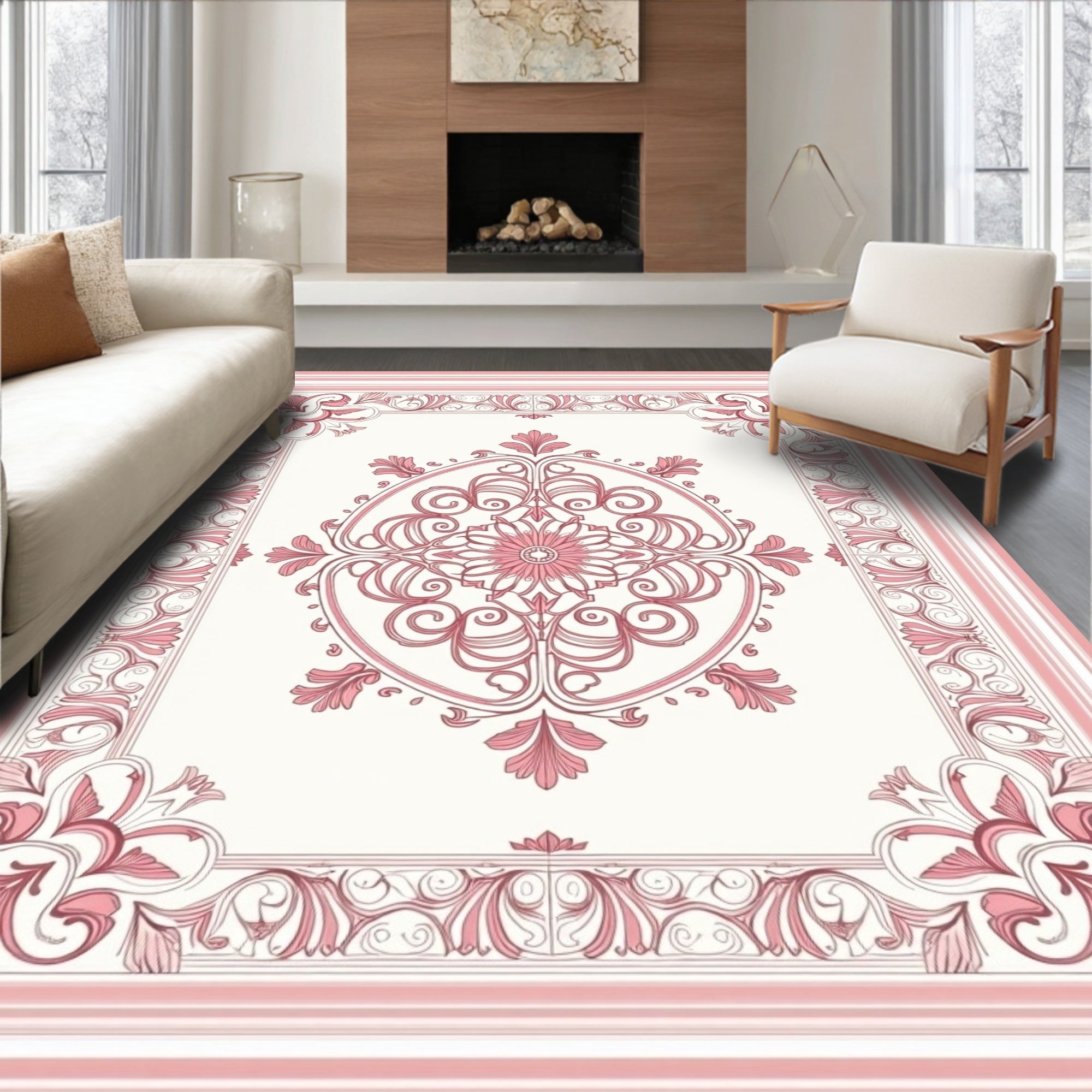 Delicate Pink Floral Medallion Framing Rug