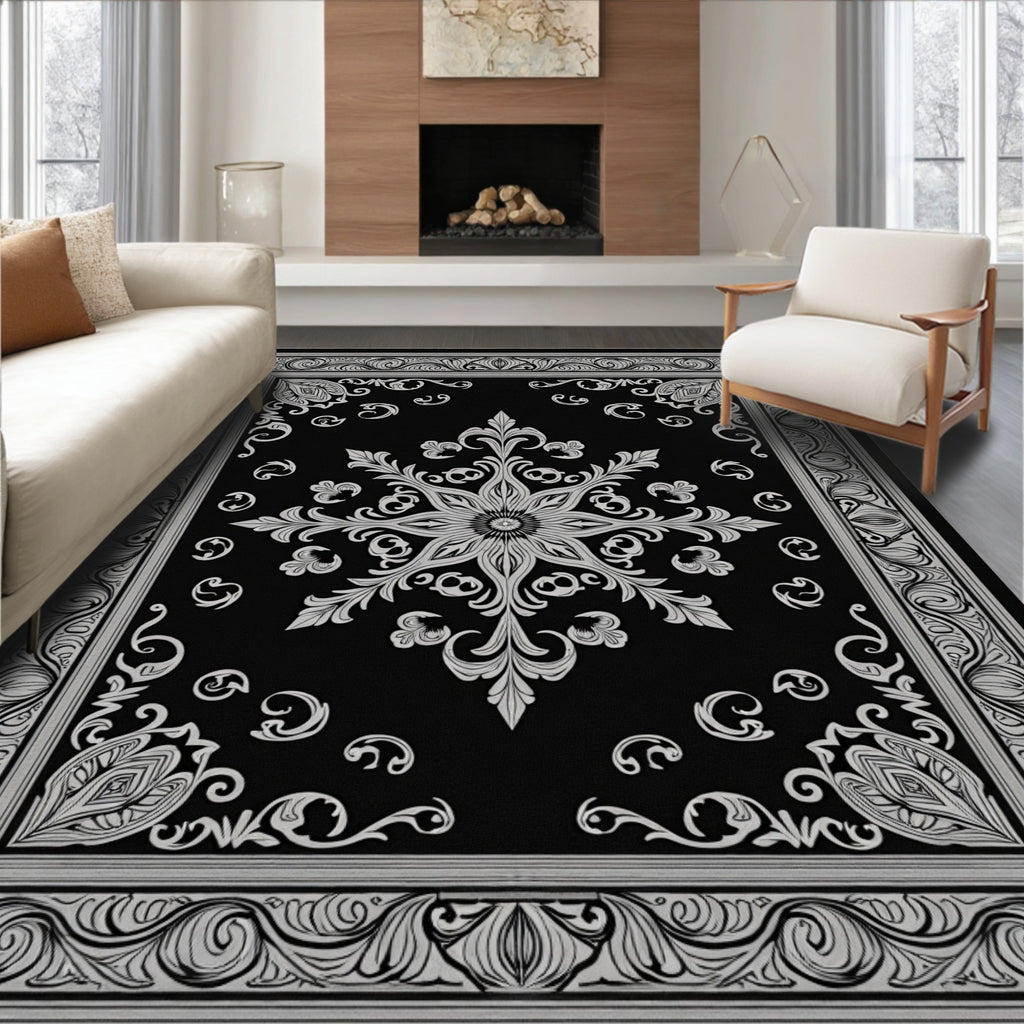 Black Silver Ornate Medallion Flourish Rug