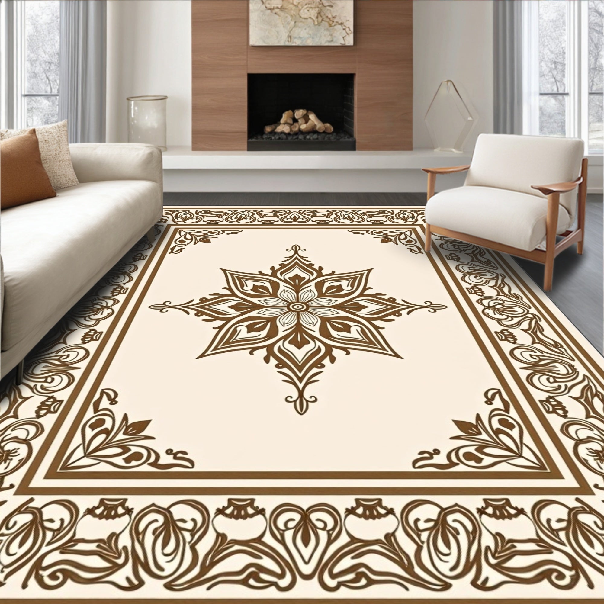 Brown Floral Medallion Border Rug