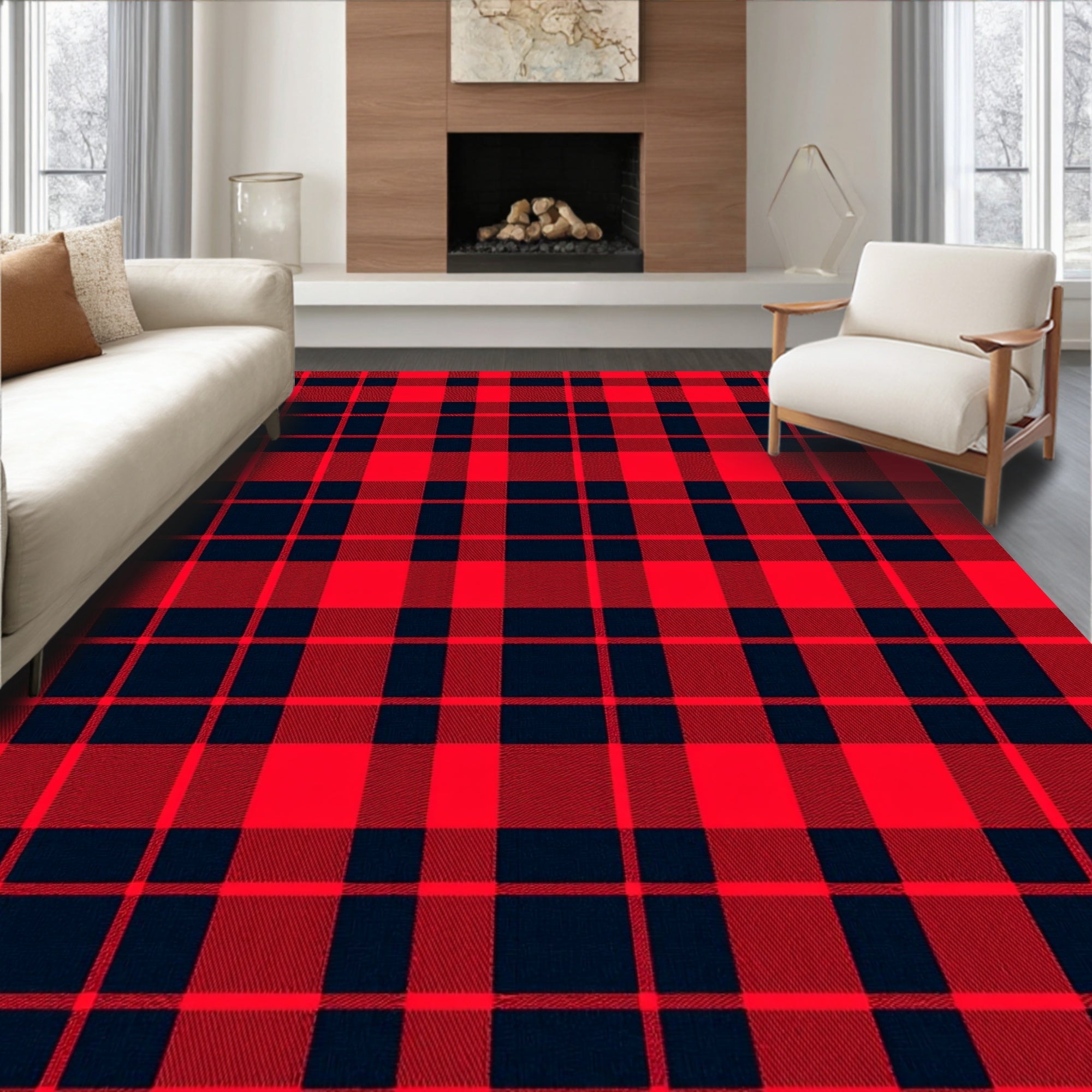 Rustic Red and Blue Plaid Squares Rug