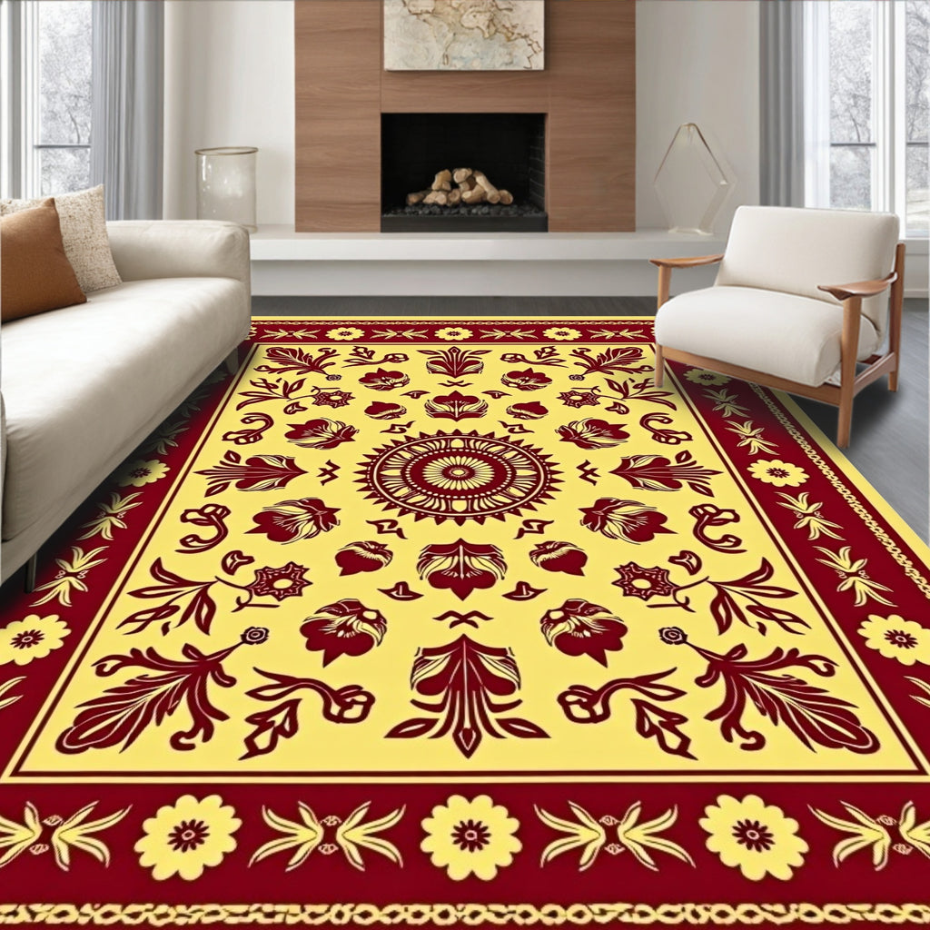 Classic Red Floral Medallion Yellow Rug
