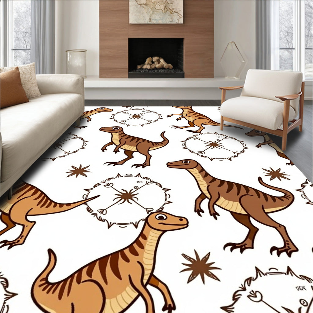 Brown Dinosaur Figures and Starbursts Rug