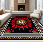 Vibrant Red Sunburst Geometric Border Rug