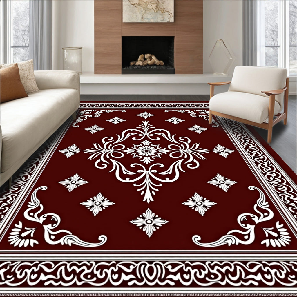 Deep Crimson Floral Medallion Border Rug