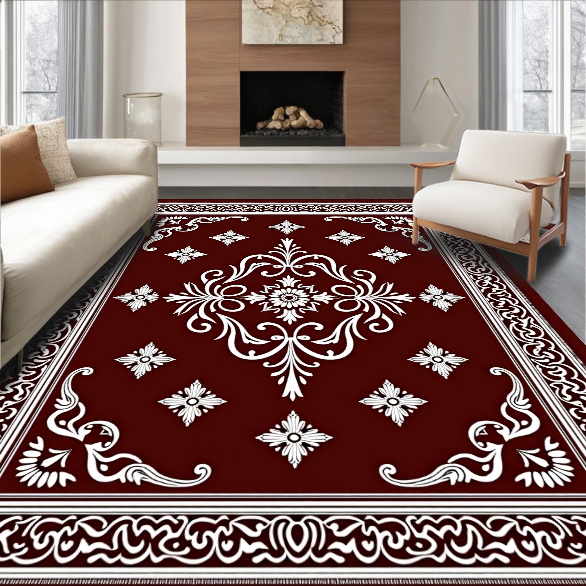 Deep Crimson Floral Medallion Border Rug