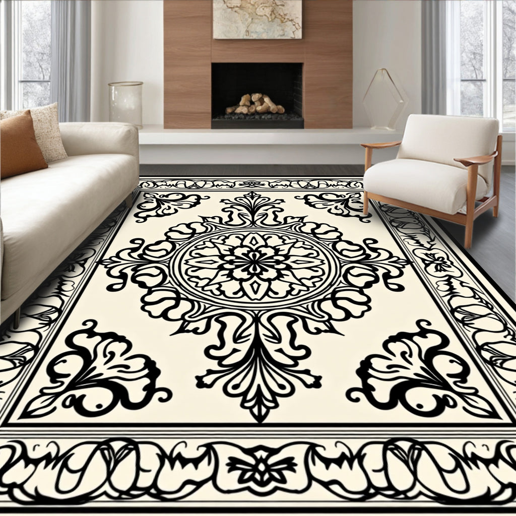Classic Cream Black Floral Scroll Medallion Rug