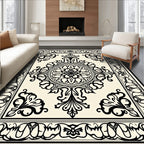 Classic Cream Black Floral Scroll Medallion Rug