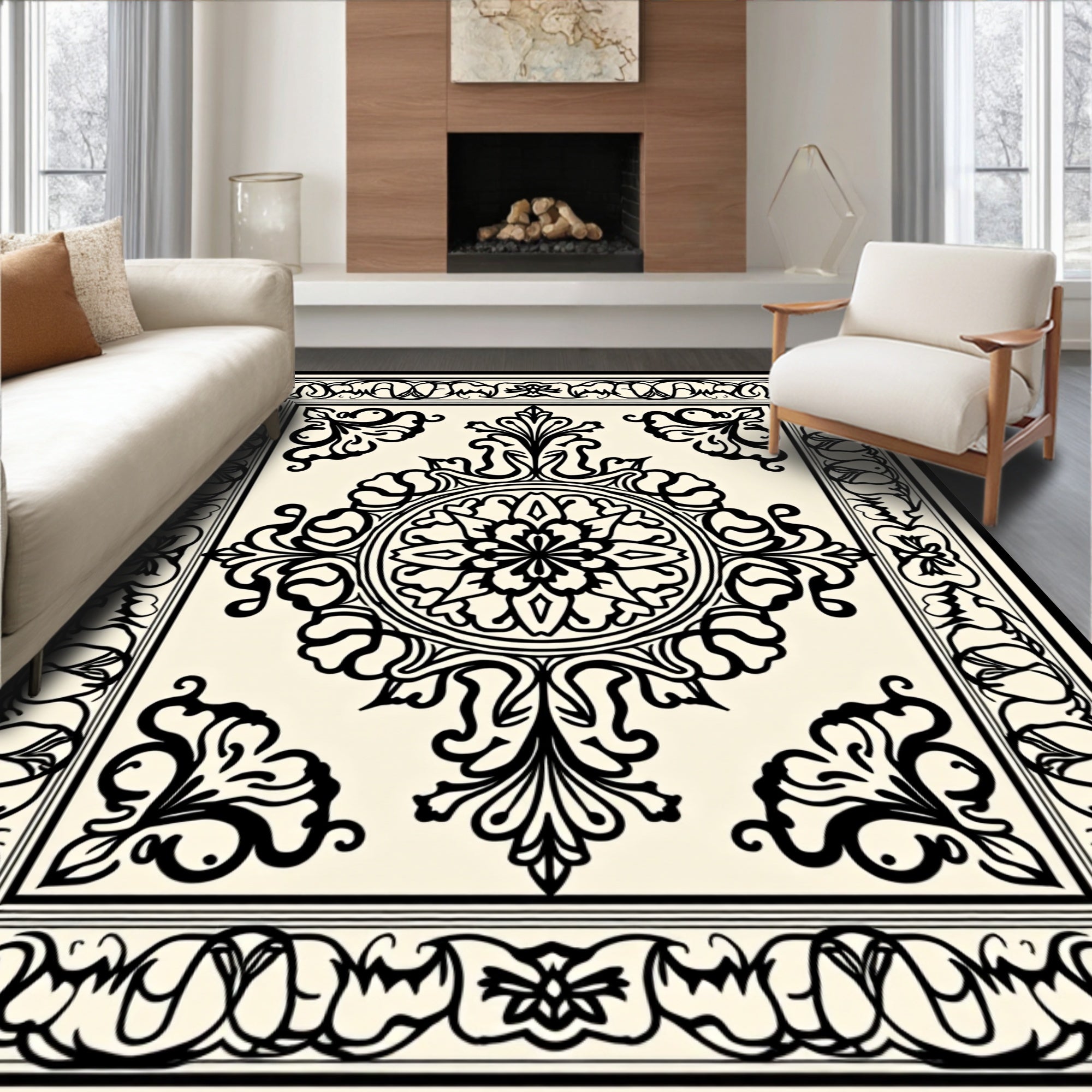 Classic Cream Black Floral Scroll Medallion Rug