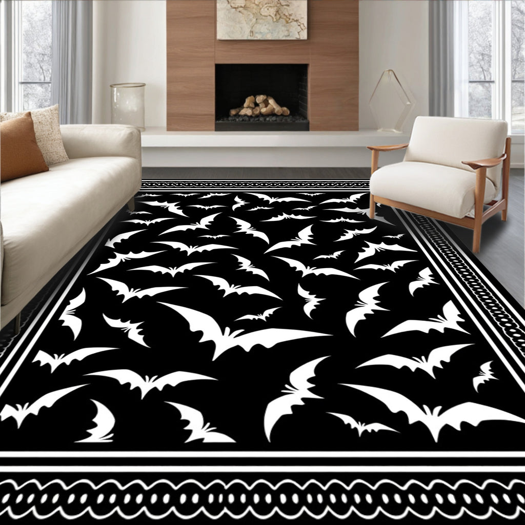 Black White Flying Bat Border Rug