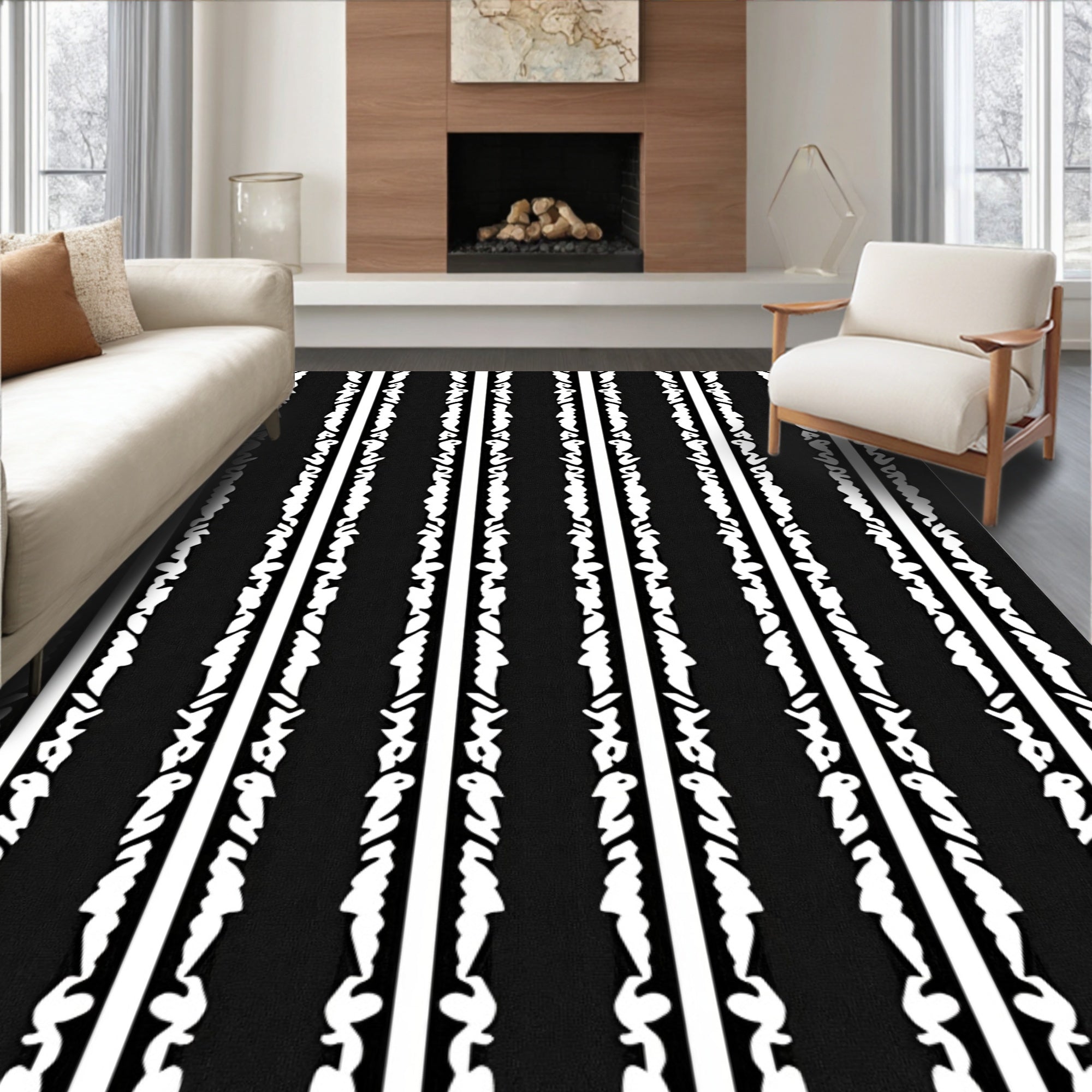 Modern Black White Vertical Stripe Element Rug
