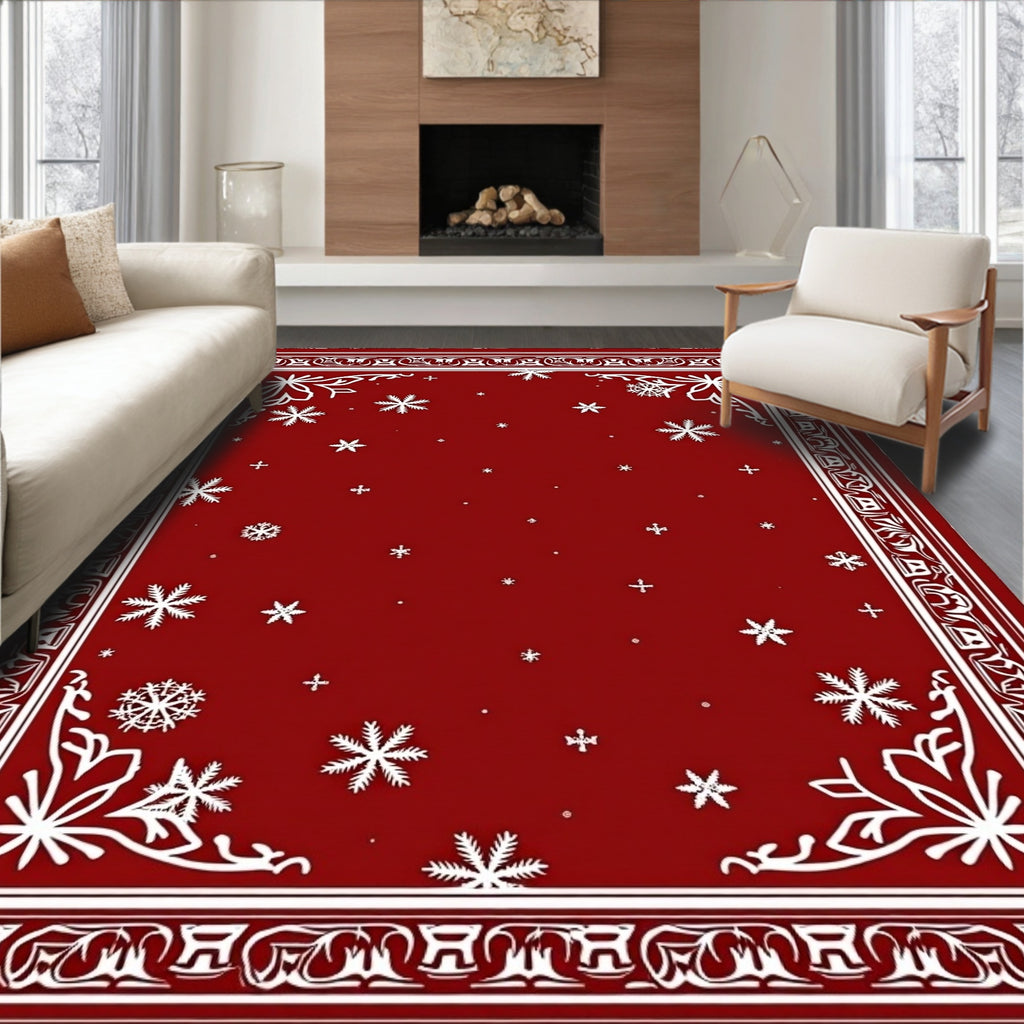 Crimson Snowflake Winter Border Rug