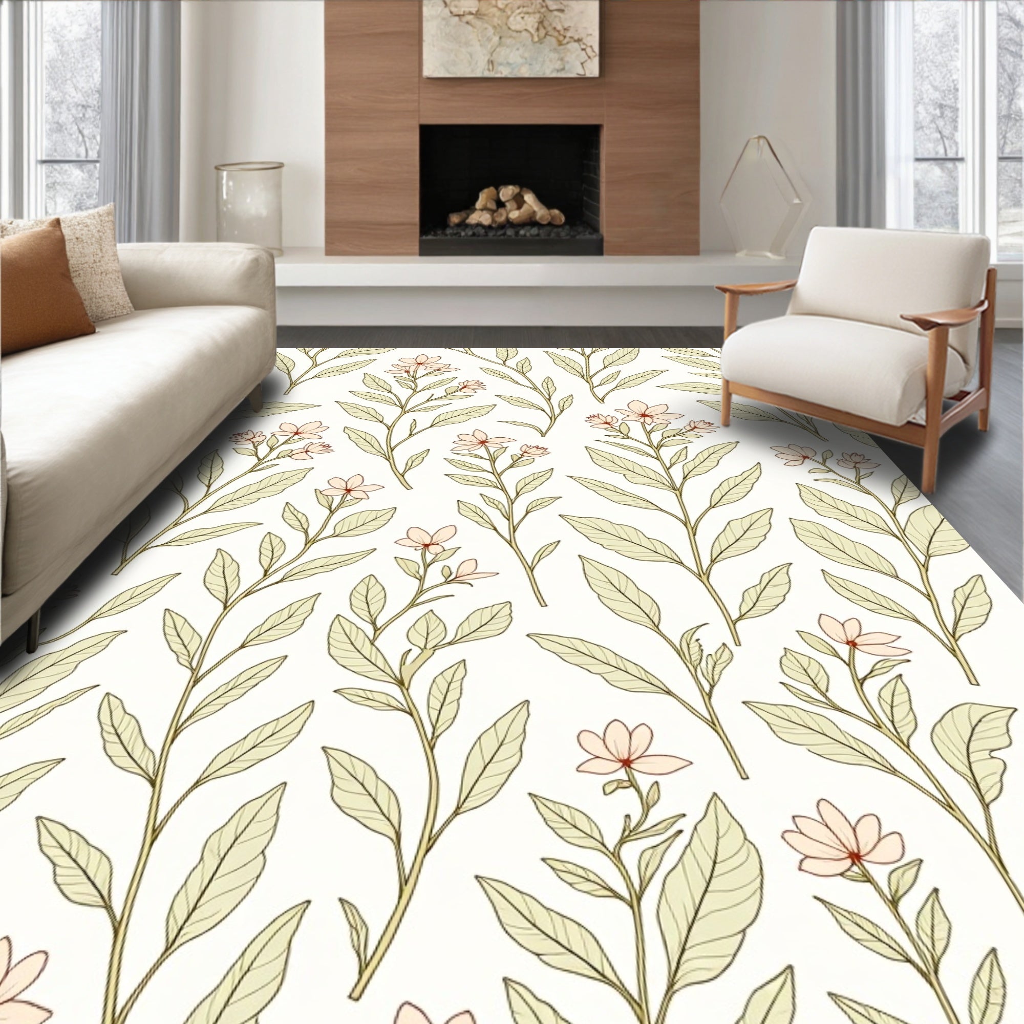 Delicate Peach Blossom Botanical Sprig Rug