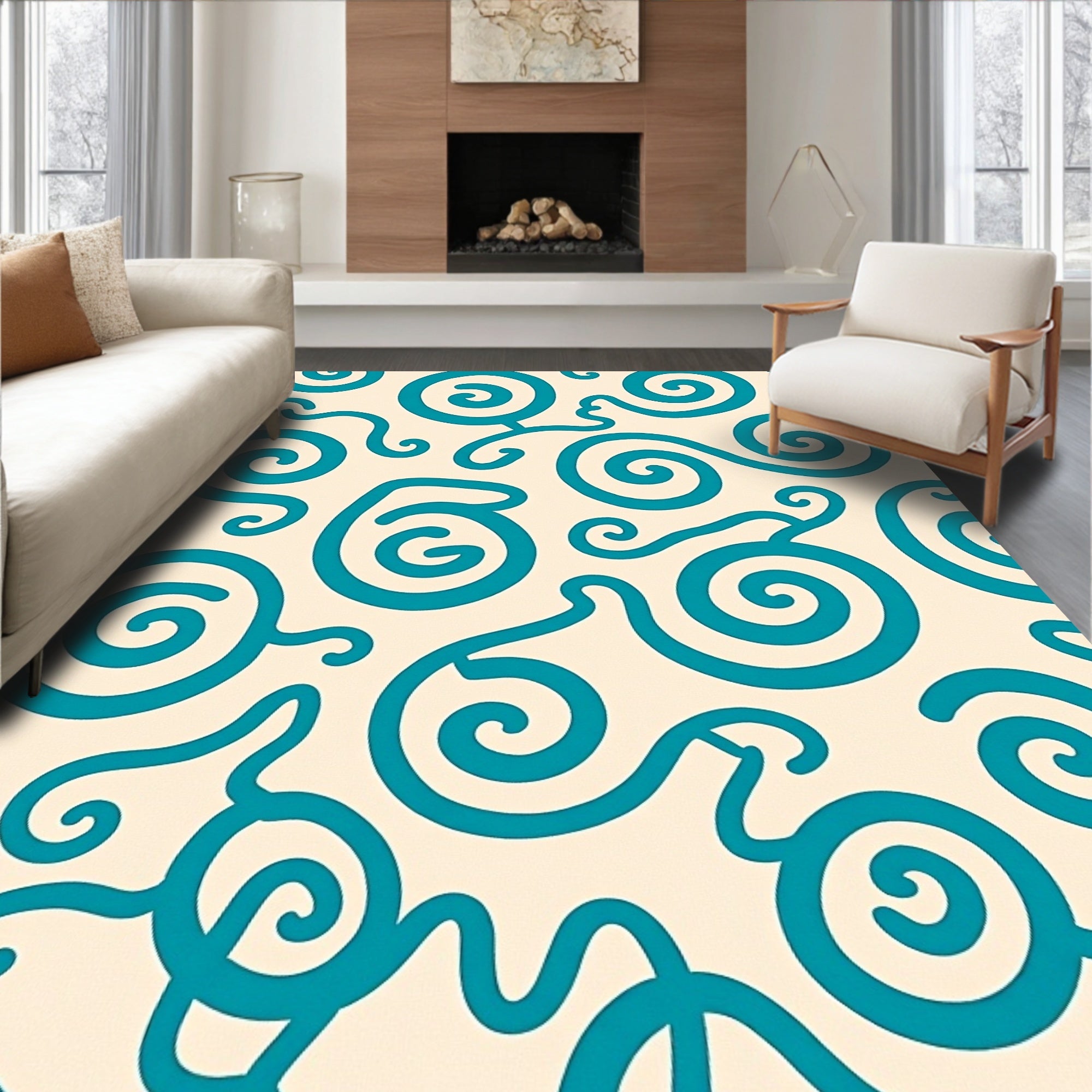 Teal Swirl Cream Abstract Organic Rug