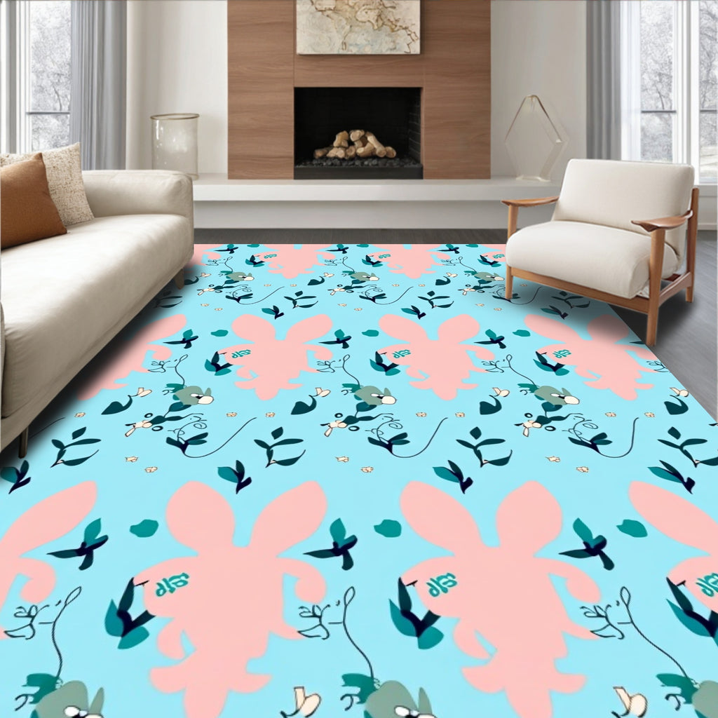 Pink bunny meadow floral sweet design Rug