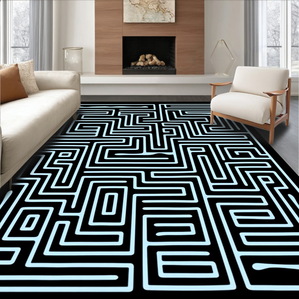 Sky Blue Maze Geometric Layout Rug