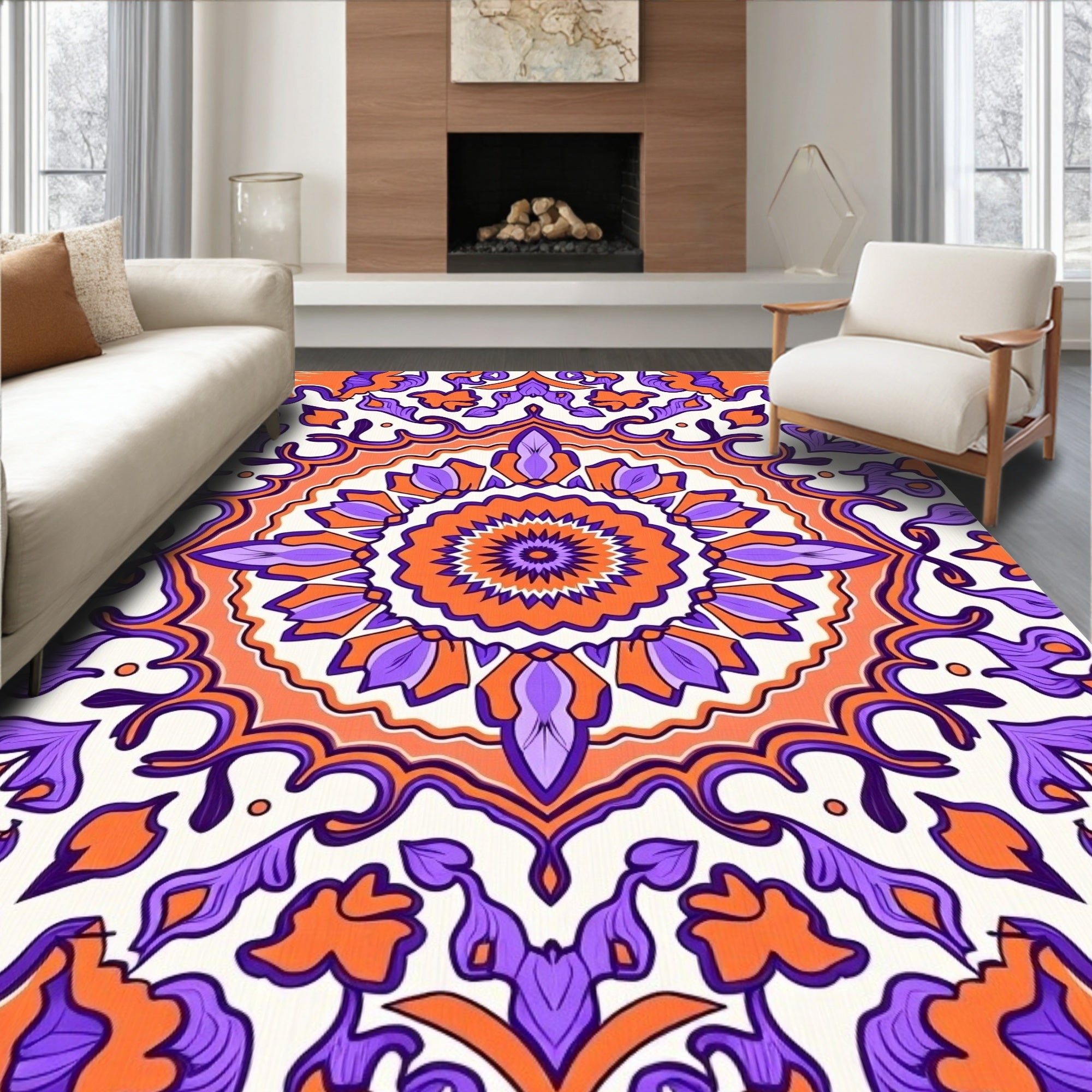 Vibrant Orange Purple Medallion Mandala Rug
