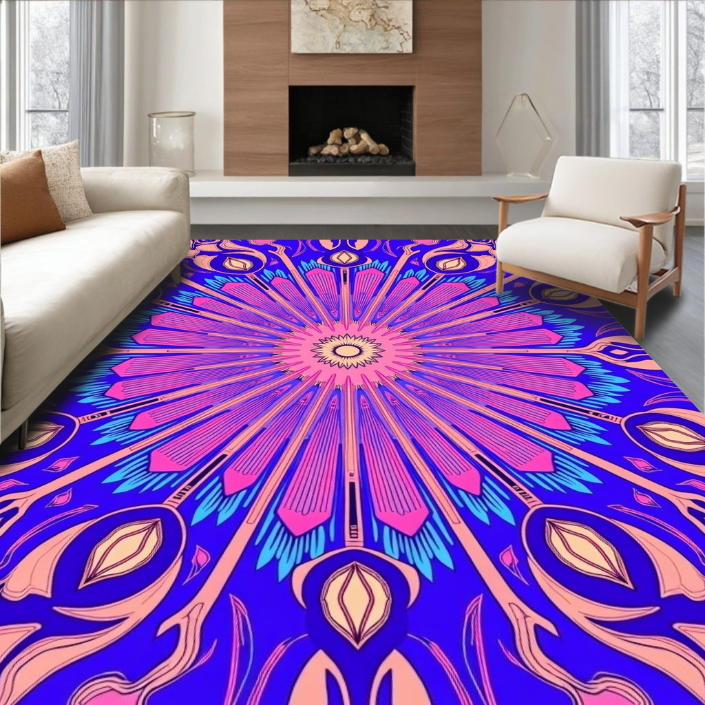 Vibrant Pink Blue Floral Sunburst Rug