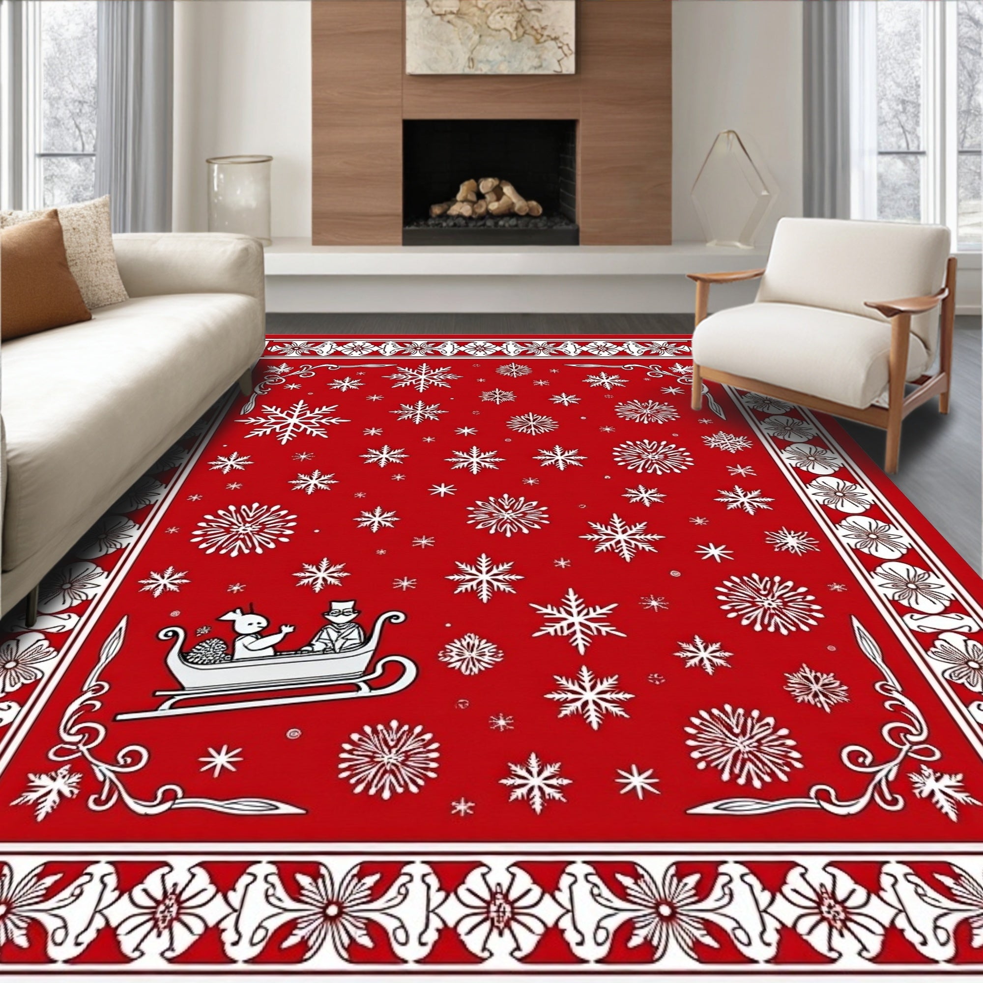 Red Snowflake Sleigh Ride Rug